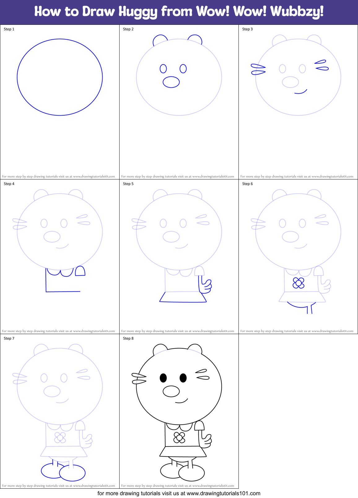 How to Draw Huggy from Wow! Wow! Wubbzy! Printable Step by Step