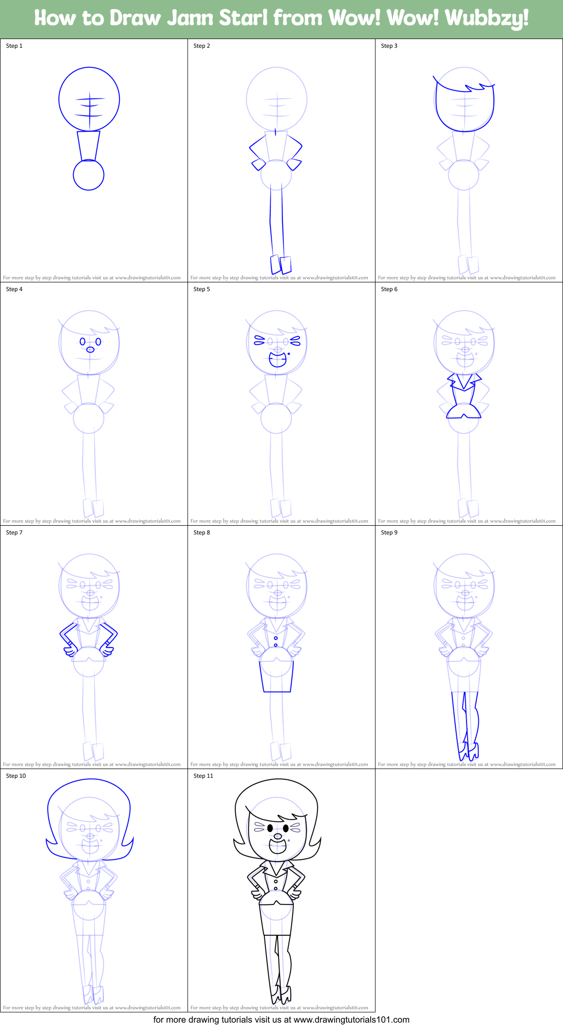 How to Draw Jann Starl from Wow! Wow! Wubbzy! Printable Step by Step