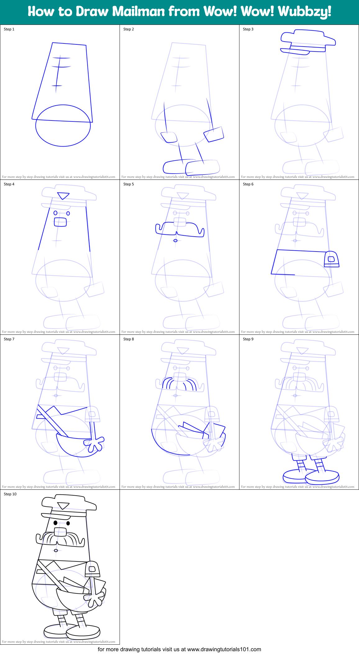 How to Draw Mailman from Wow! Wow! Wubbzy! Printable Step by Step