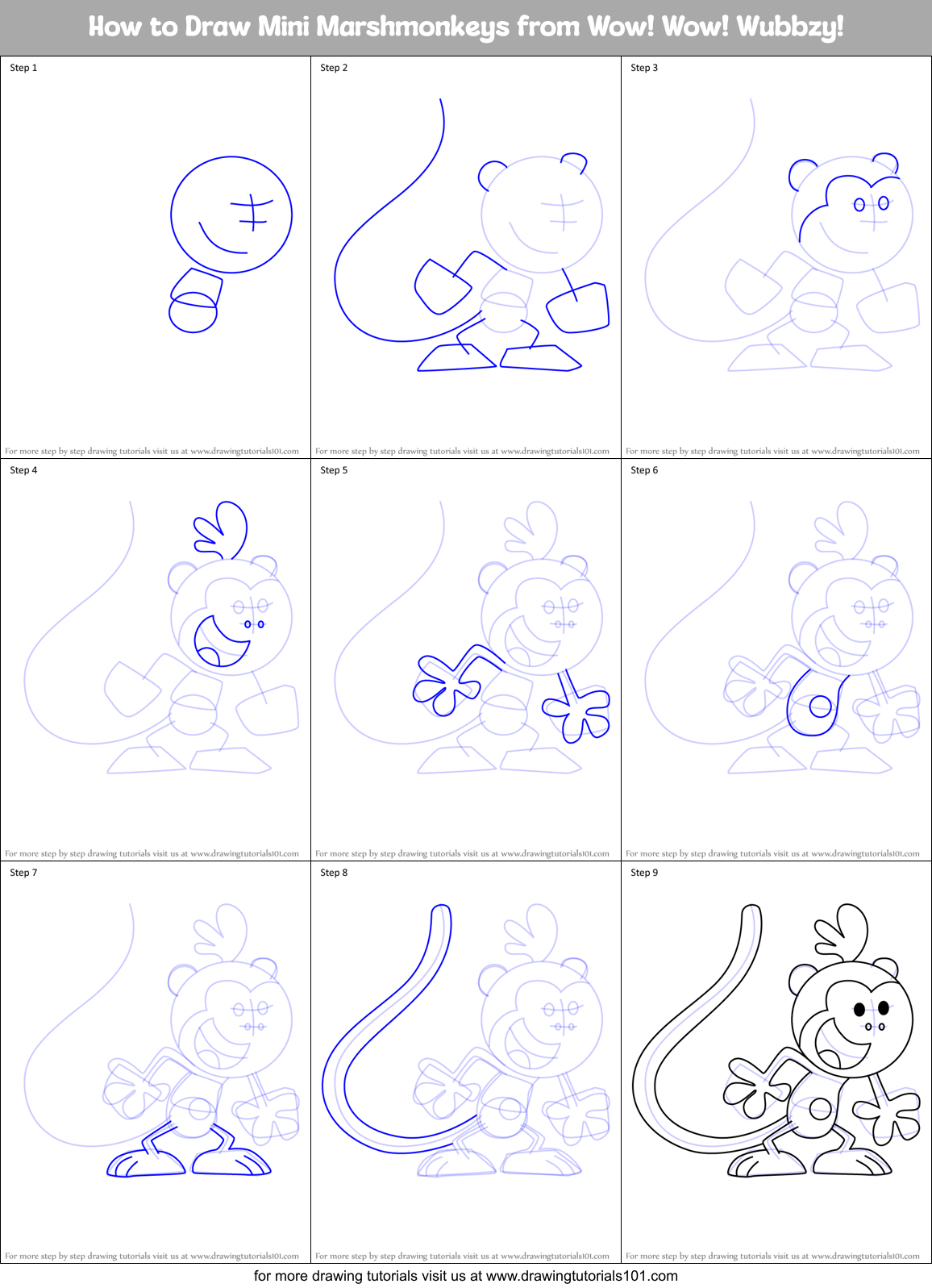 How to Draw Mini Marshmonkeys from Wow! Wow! Wubbzy! Printable Step by Step