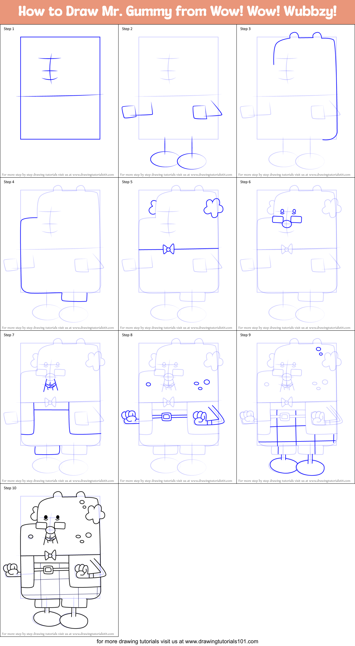 How to Draw Mr. Gummy from Wow! Wow! Wubbzy! Printable Step by Step