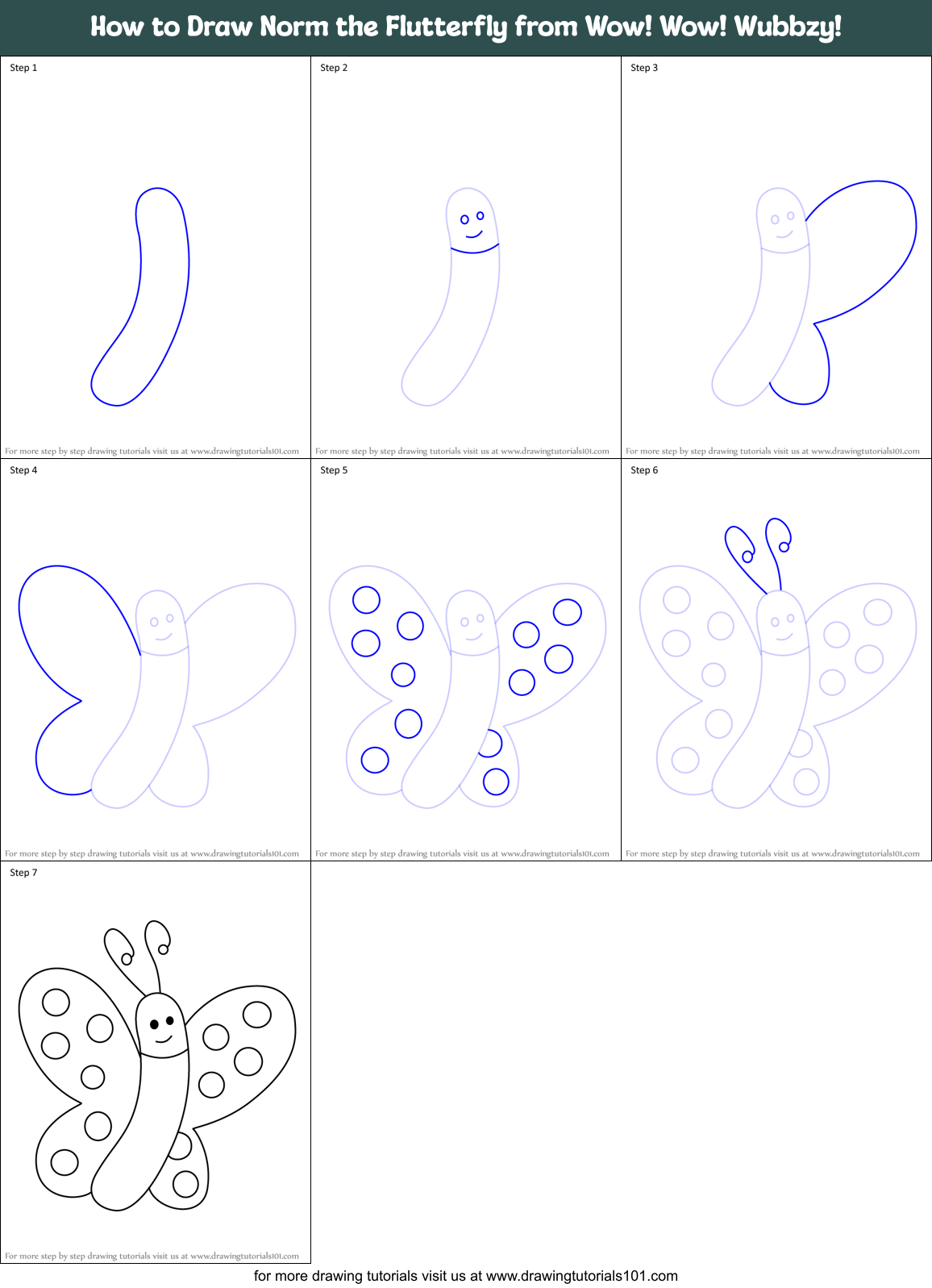 How to Draw Norm the Flutterfly from Wow! Wow! Wubbzy! Printable Step by Step