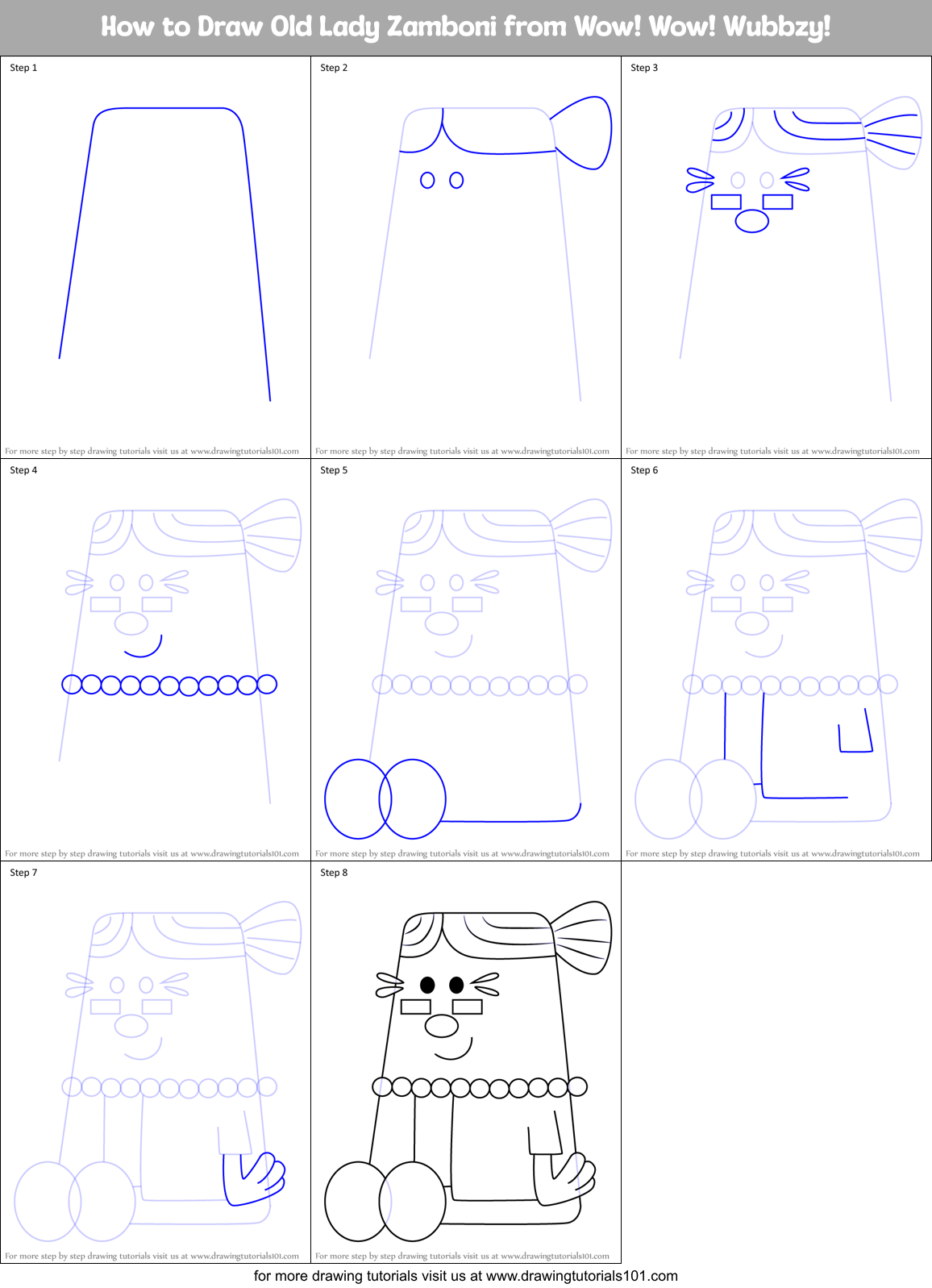 How to Draw Old Lady Zamboni from Wow! Wow! Wubbzy! Printable Step by Step