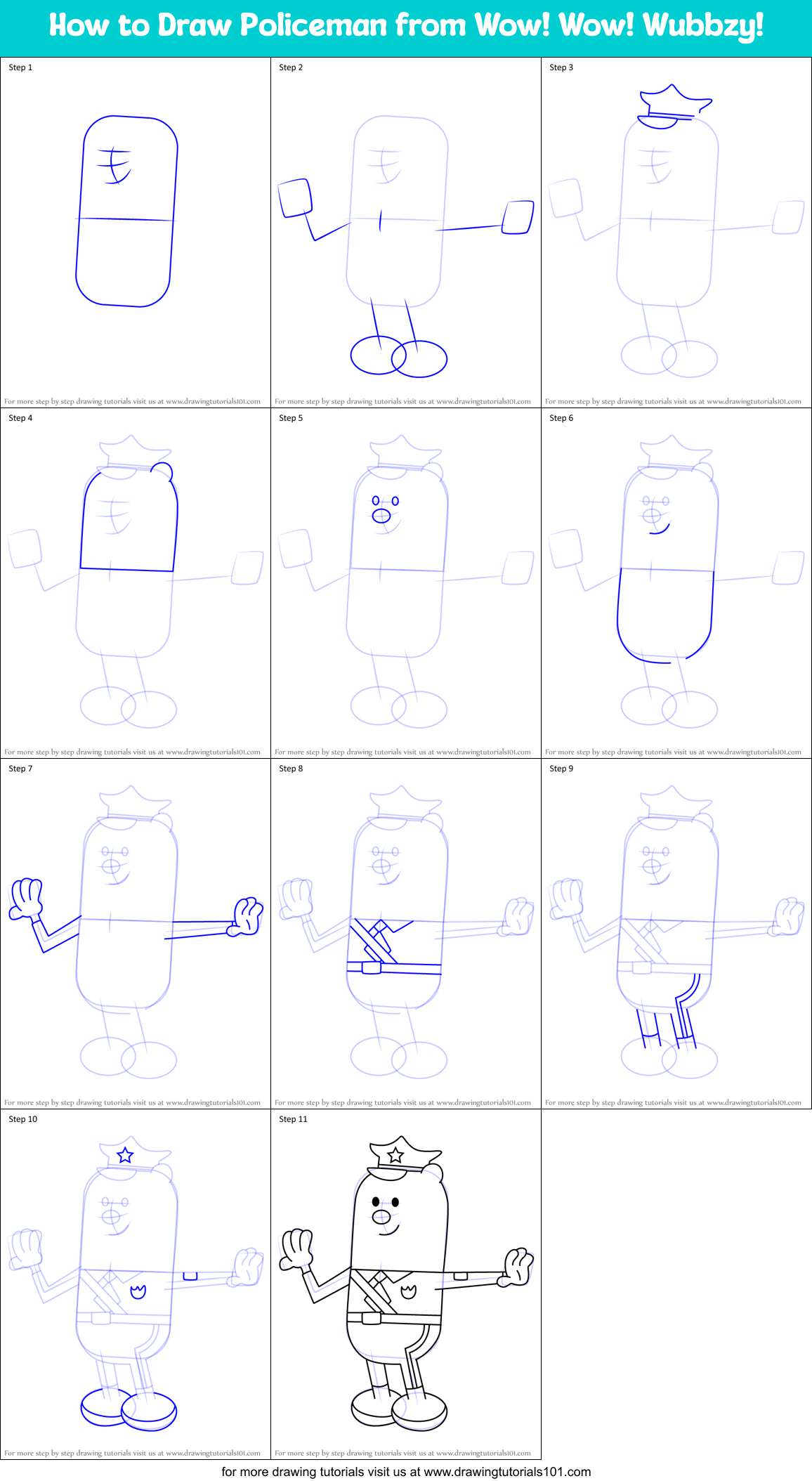 How to Draw Policeman from Wow! Wow! Wubbzy! Printable Step by Step