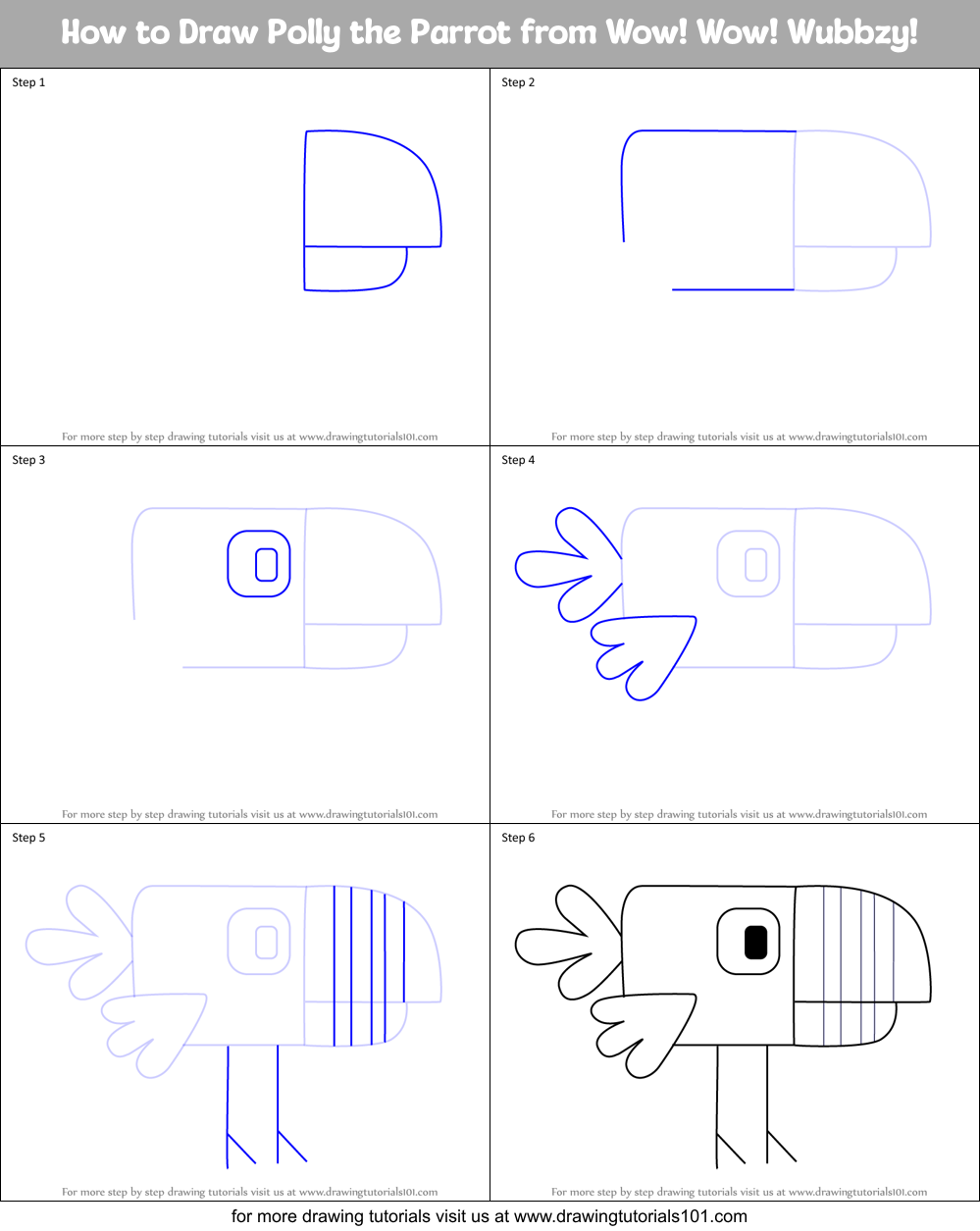 How to Draw Polly the Parrot from Wow! Wow! Wubbzy! Printable Step by Step