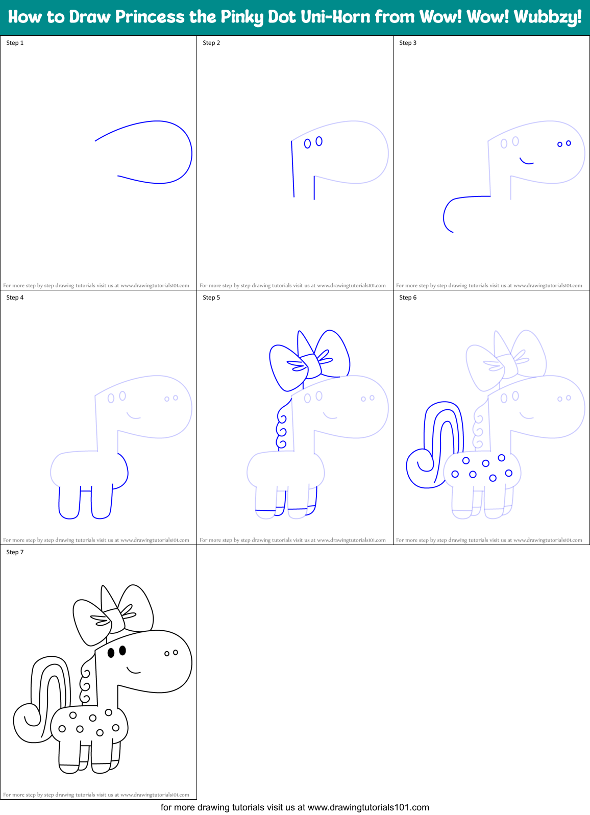 How to Draw Princess the Pinky Dot Uni-Horn from Wow! Wow! Wubbzy! Printable Step by Step