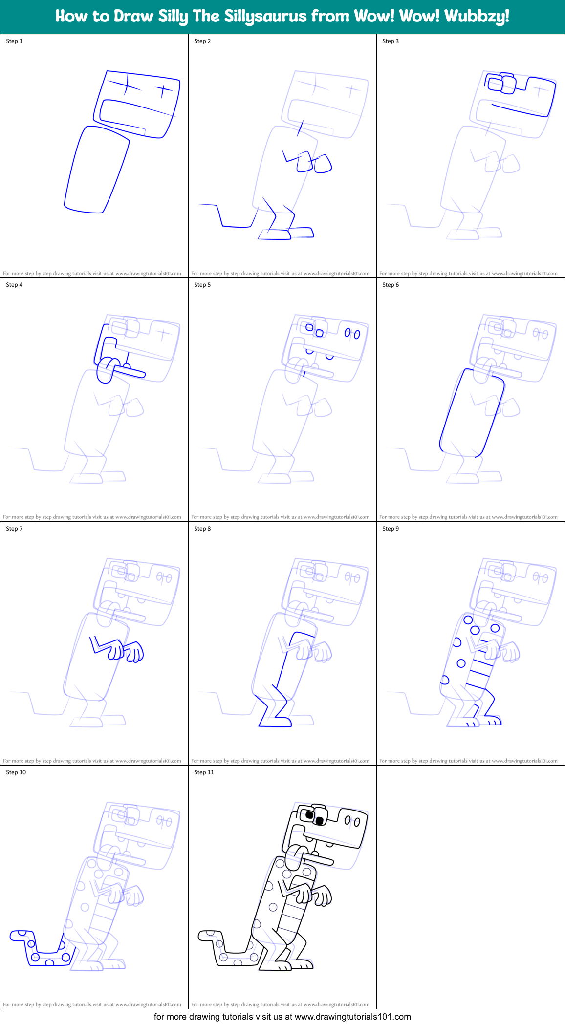 How to Draw Silly The Sillysaurus from Wow! Wow! Wubbzy! Printable Step by Step