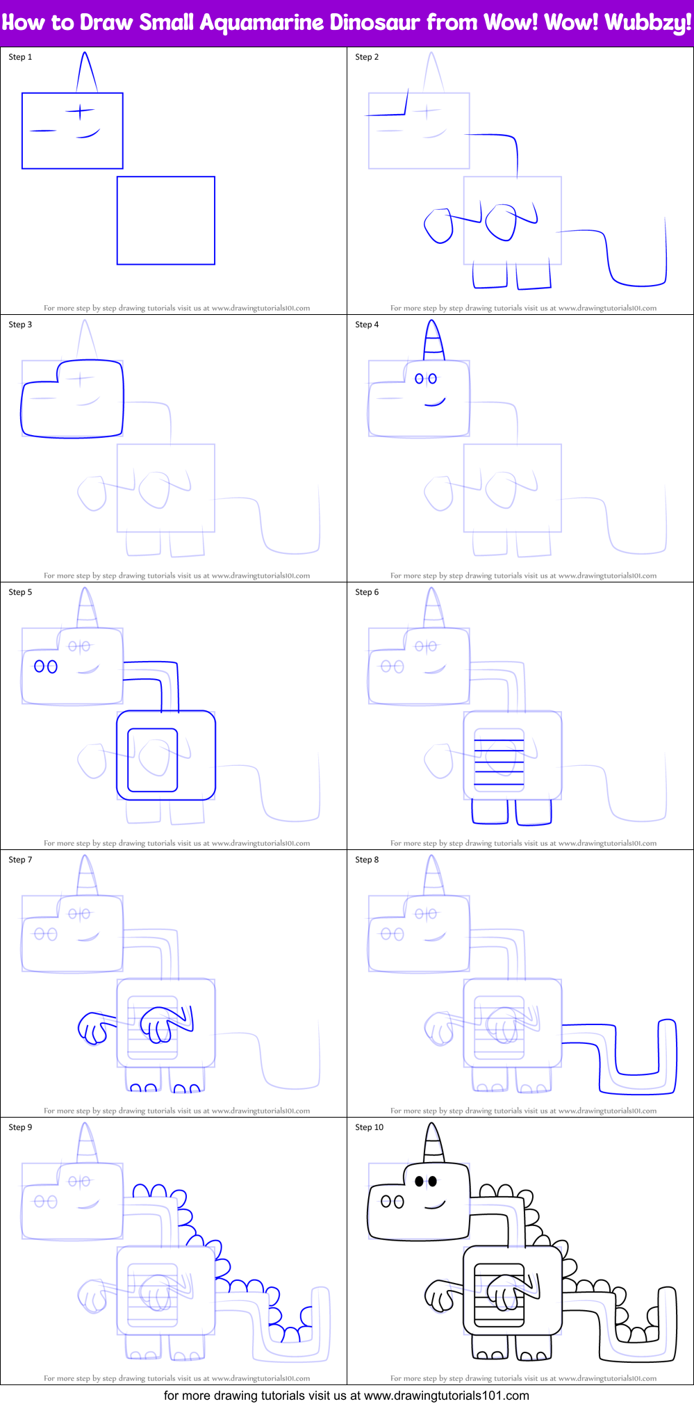 How to Draw Small Aquamarine Dinosaur from Wow! Wow! Wubbzy! Printable Step by Step