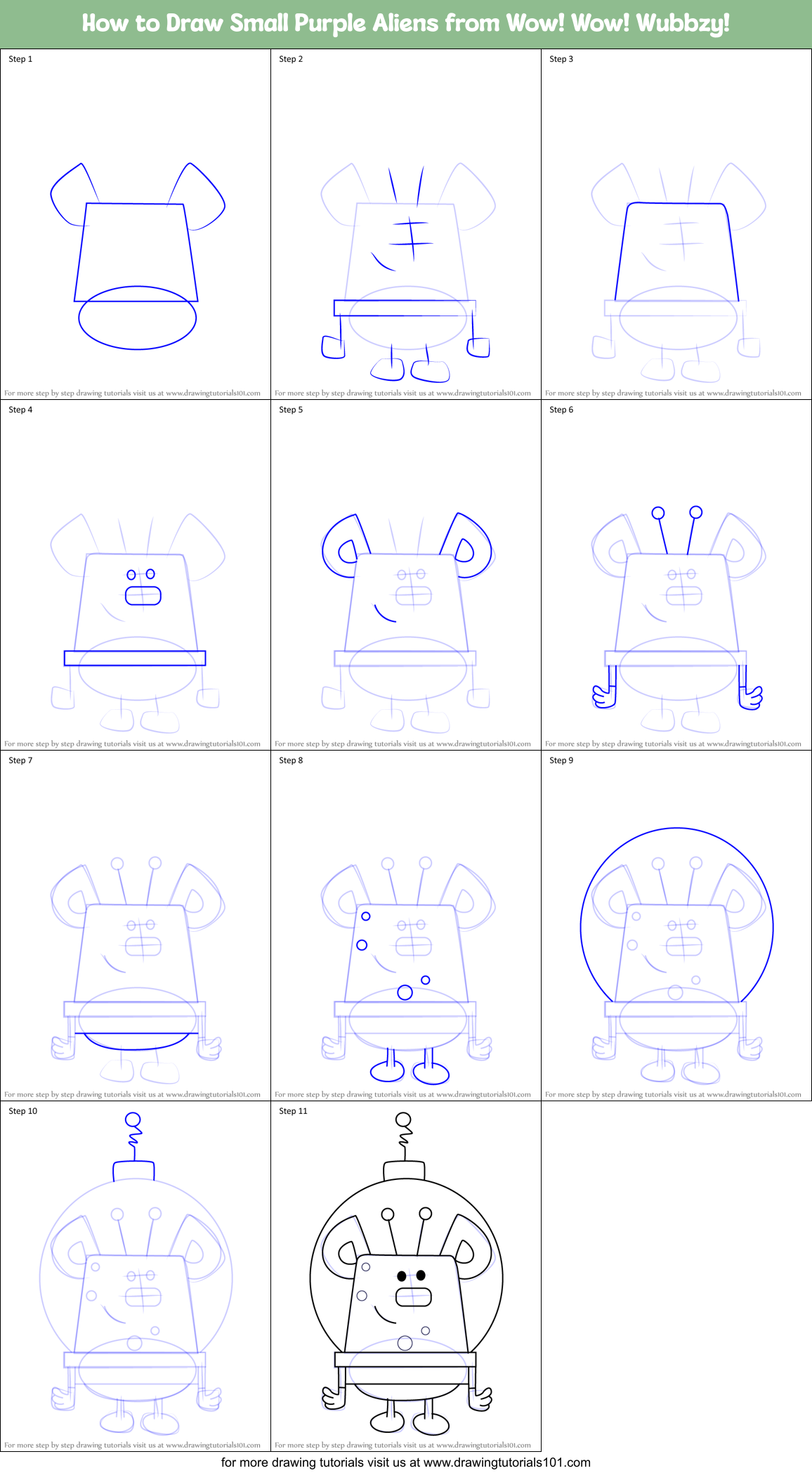 How to Draw Small Purple Aliens from Wow! Wow! Wubbzy! Printable Step by Step