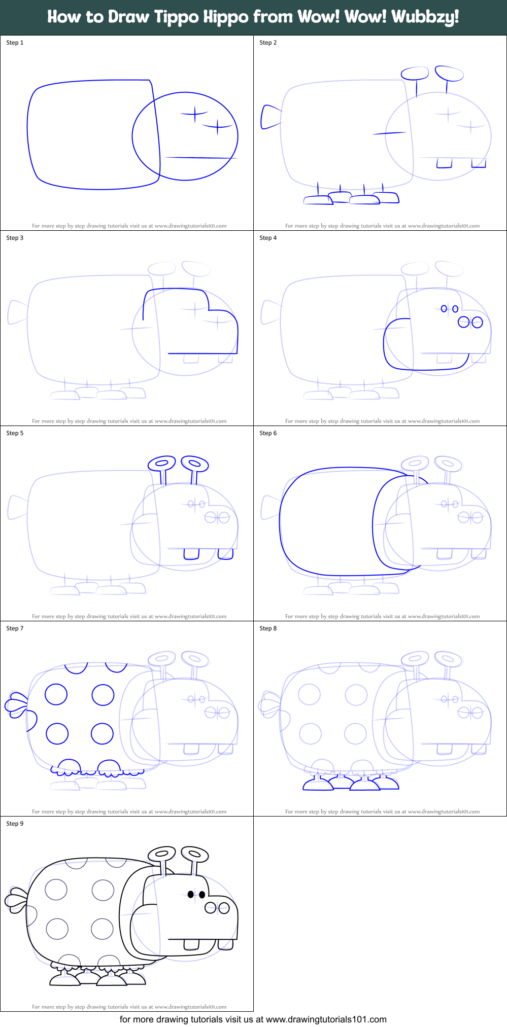 How to Draw Tippo Hippo from Wow! Wow! Wubbzy! Printable Step by Step