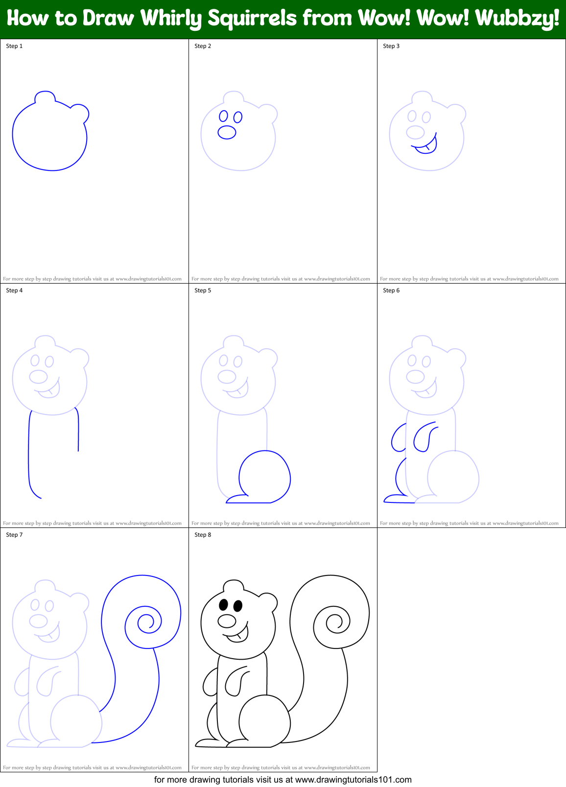 How to Draw Whirly Squirrels from Wow! Wow! Wubbzy! Printable Step by Step