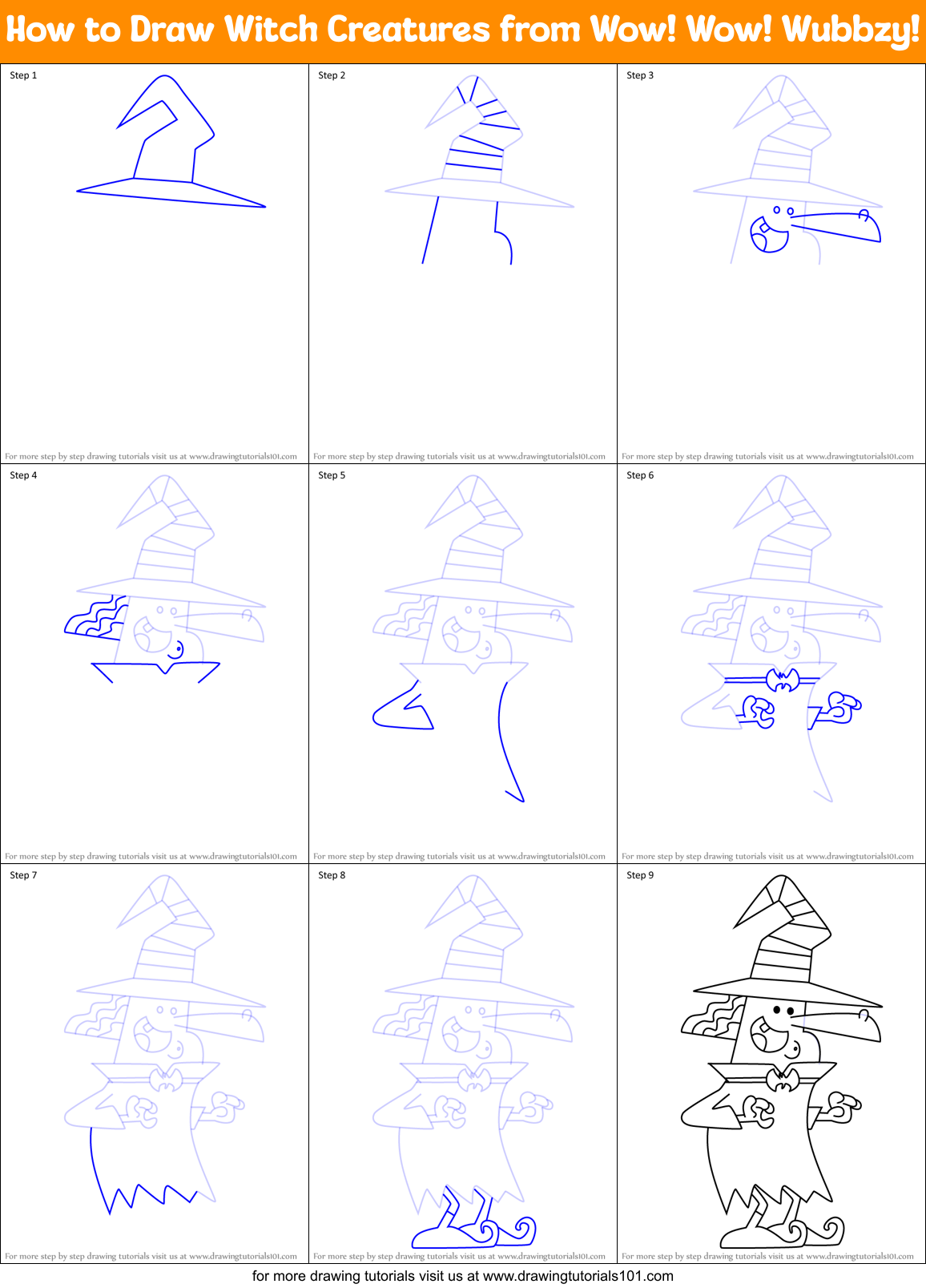 How to Draw Witch Creatures from Wow! Wow! Wubbzy! Printable Step by Step