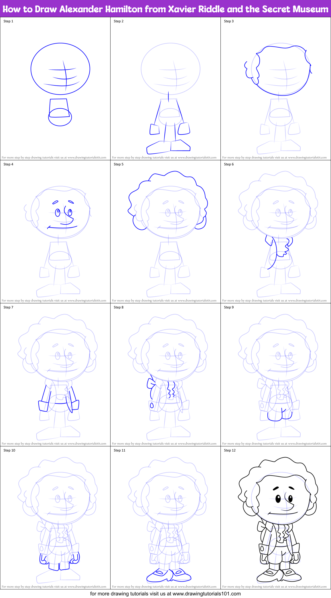How to Draw Alexander Hamilton from Xavier Riddle and the Secret Museum Printable Step by Step