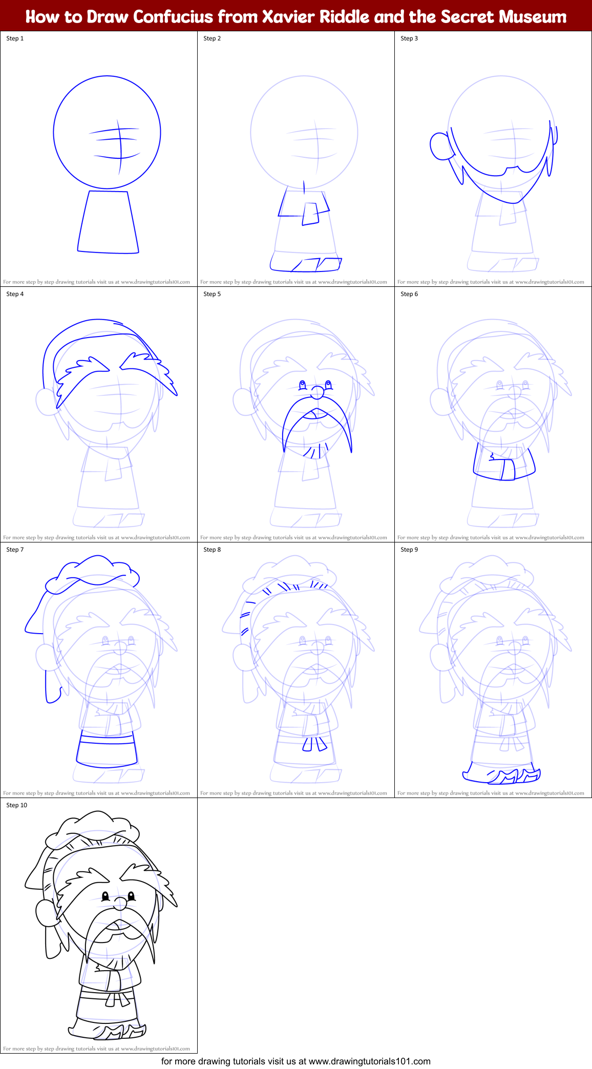 How to Draw Confucius from Xavier Riddle and the Secret Museum Printable Step by Step