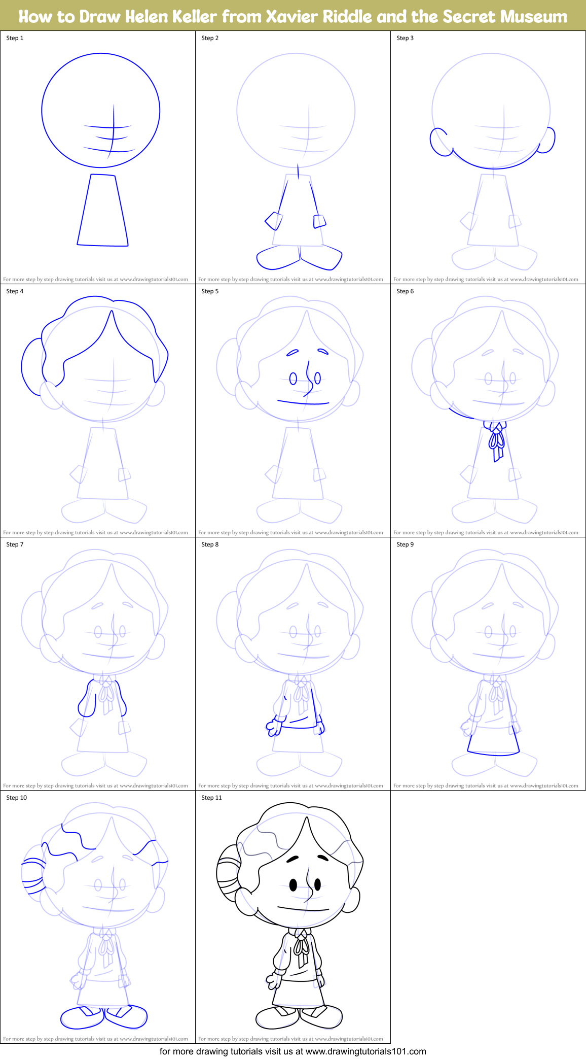 How to Draw Helen Keller from Xavier Riddle and the Secret Museum Printable Step by Step