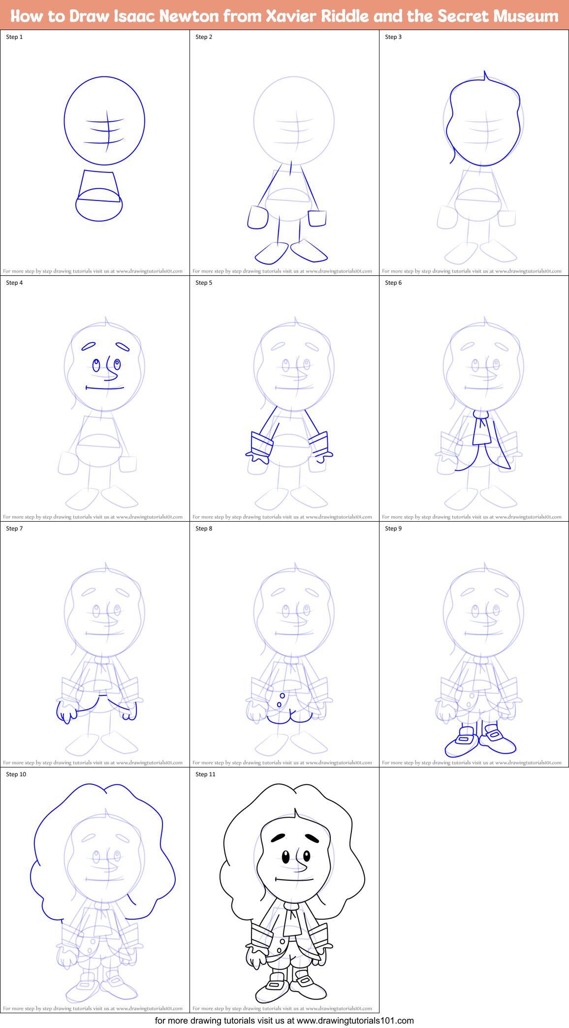 How to Draw Isaac Newton from Xavier Riddle and the Secret Museum Printable Step by Step
