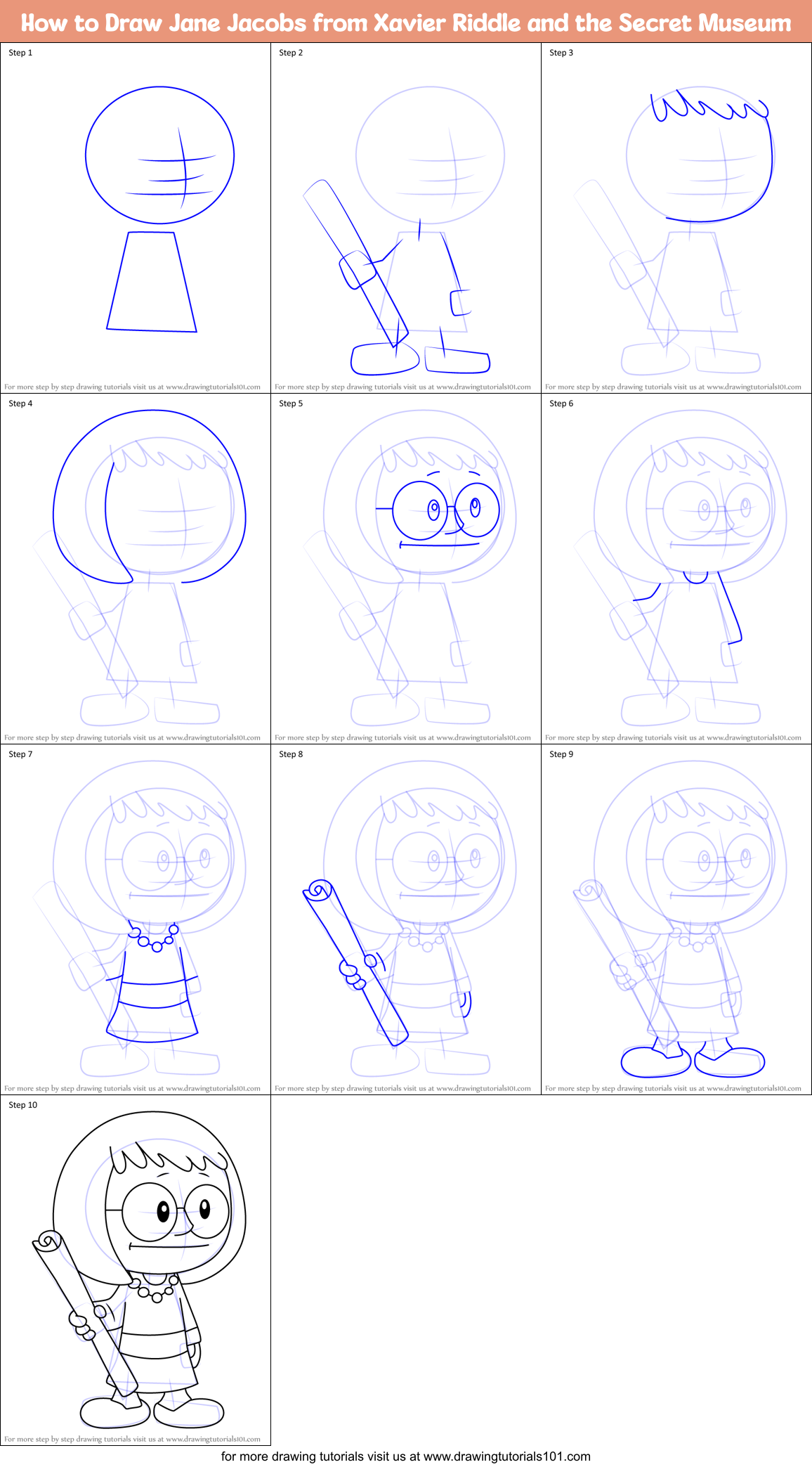 How to Draw Jane Jacobs from Xavier Riddle and the Secret Museum Printable Step by Step