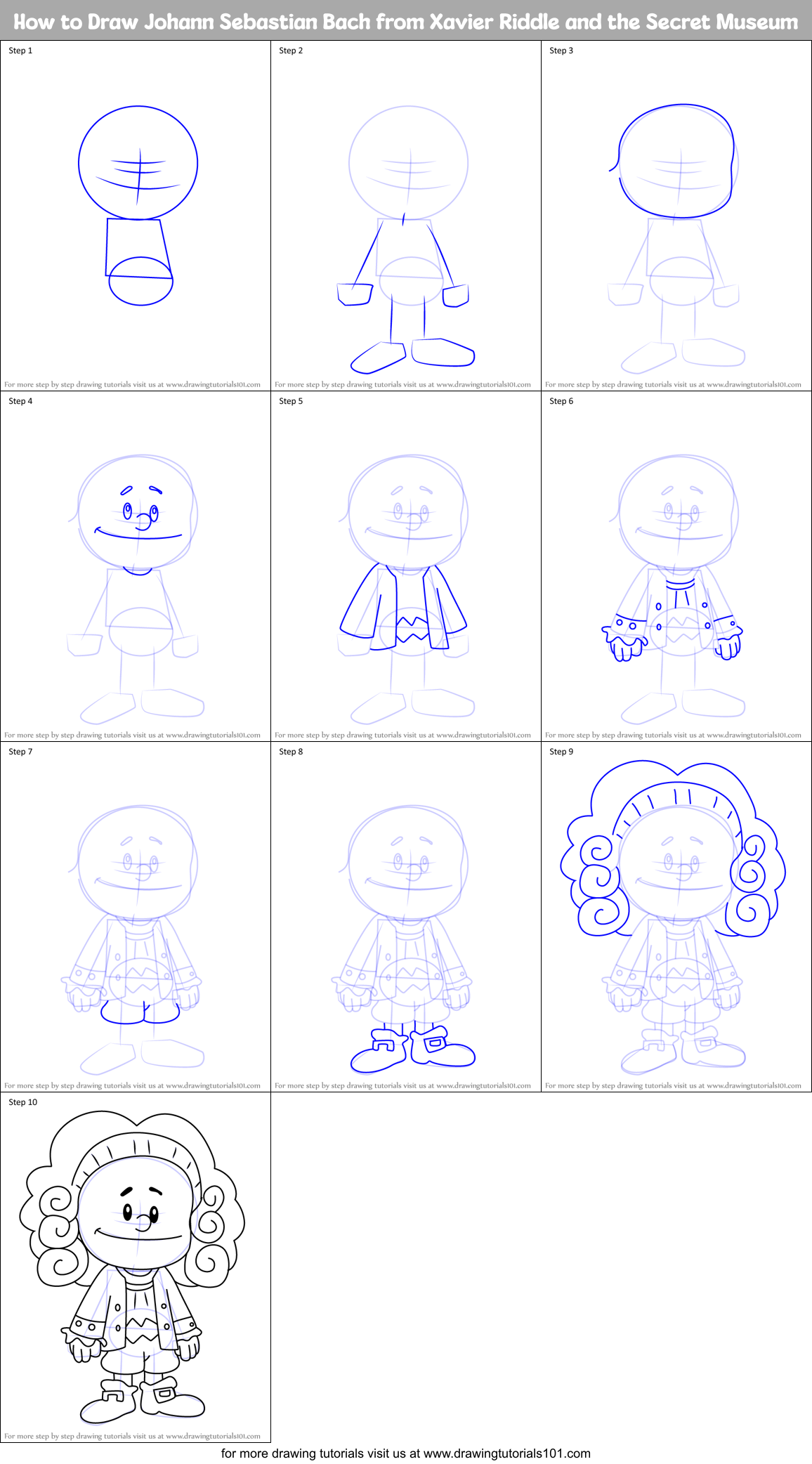 How to Draw Johann Sebastian Bach from Xavier Riddle and the Secret Museum Printable Step by Step