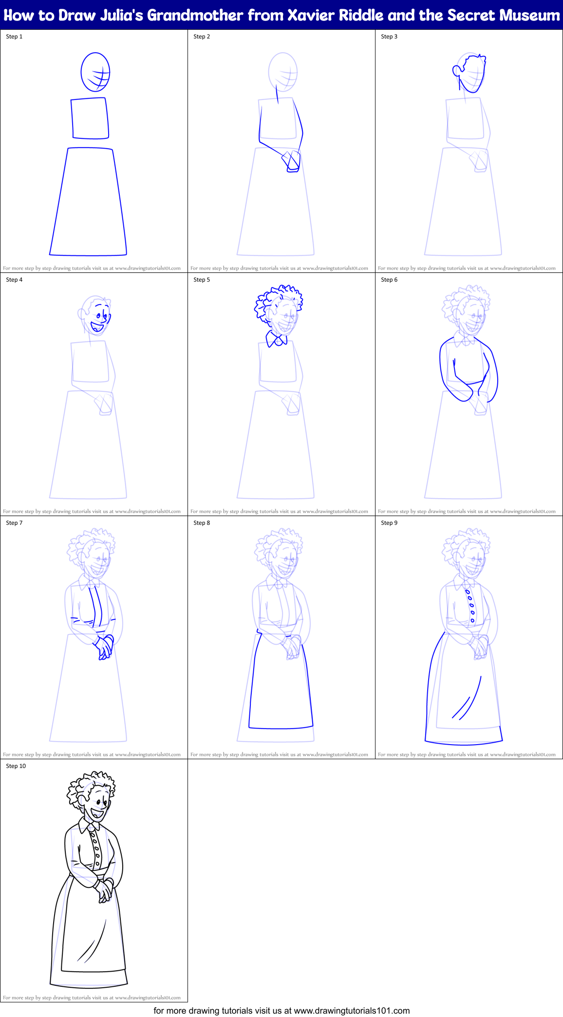 How to Draw Julia's Grandmother from Xavier Riddle and the Secret Museum Printable Step by Step