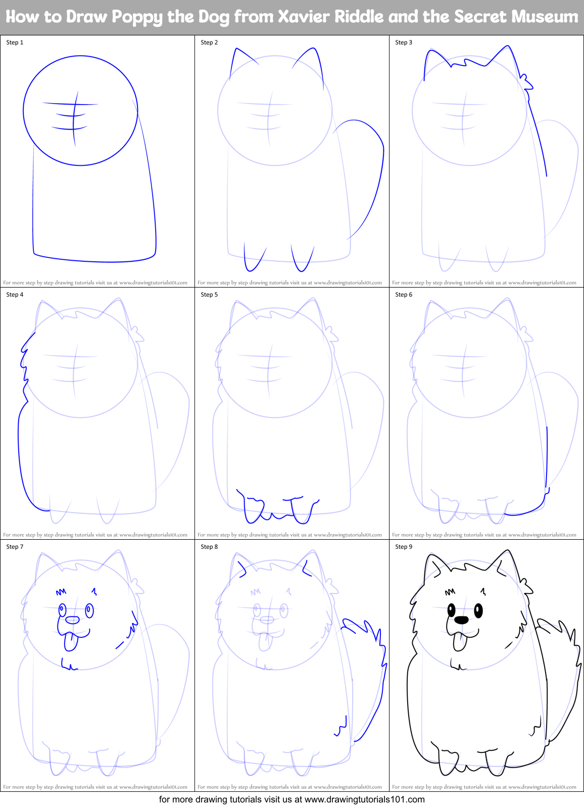 How to Draw Poppy the Dog from Xavier Riddle and the Secret Museum Printable Step by Step