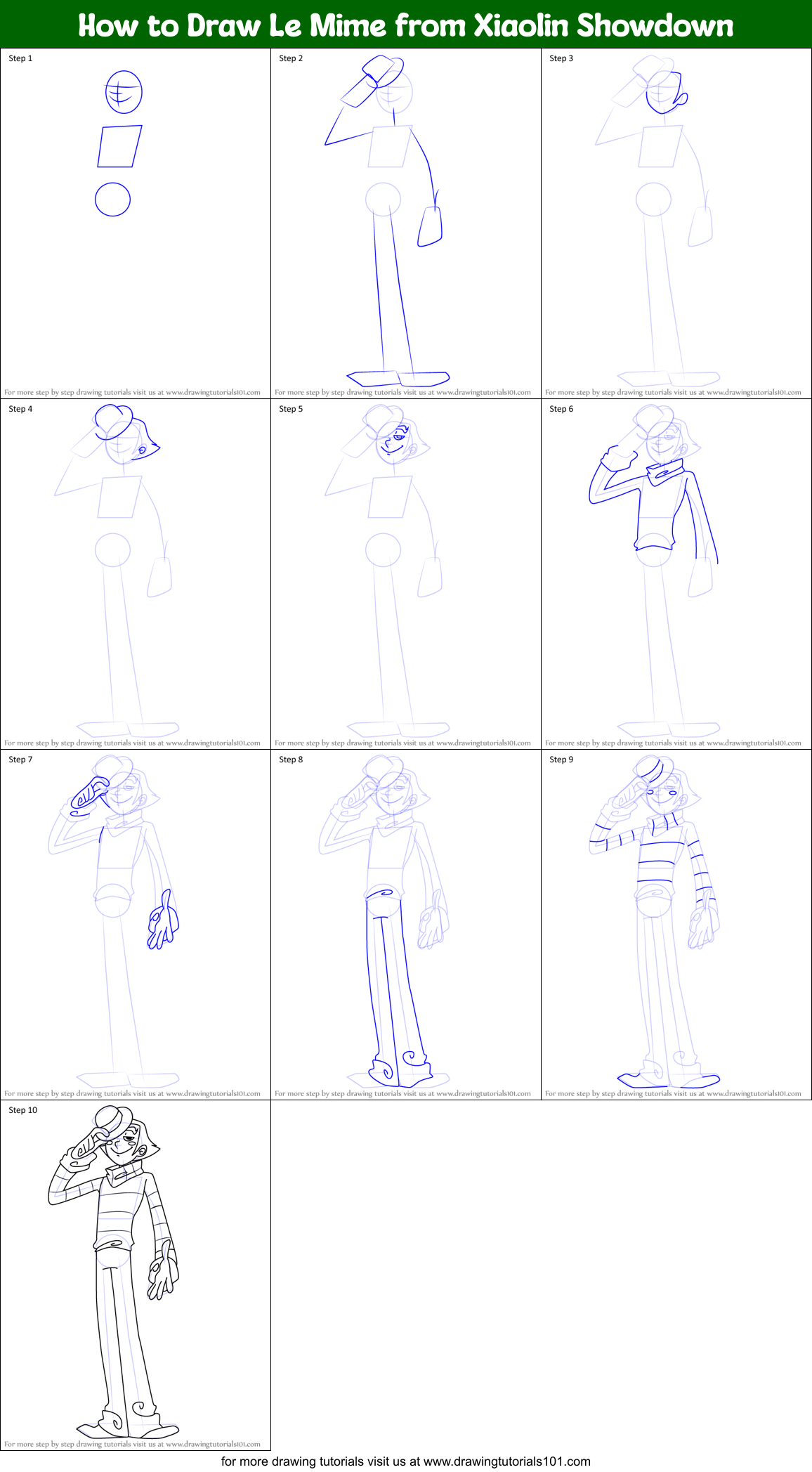 How to Draw Le Mime from Xiaolin Showdown Printable Step by Step