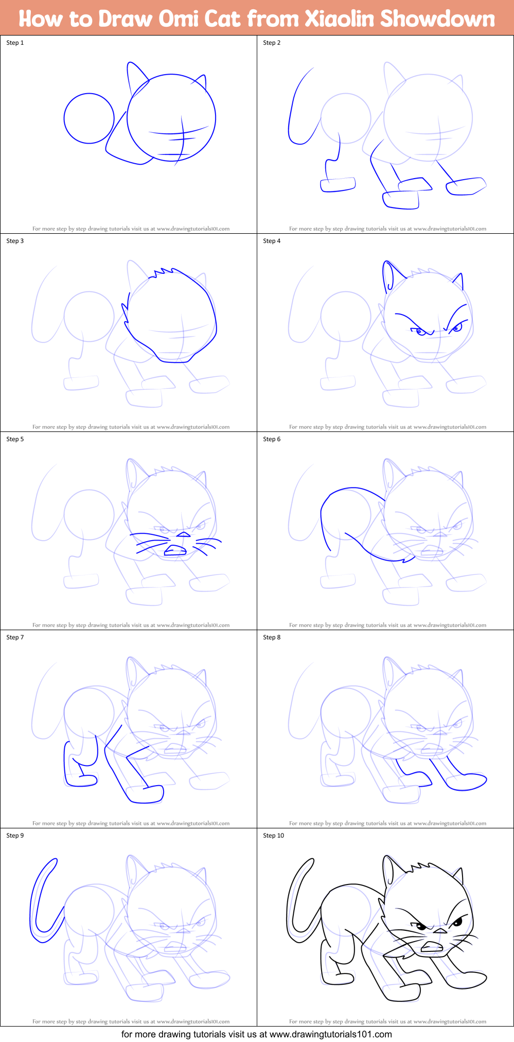 How to Draw Omi Cat from Xiaolin Showdown Printable Step by Step