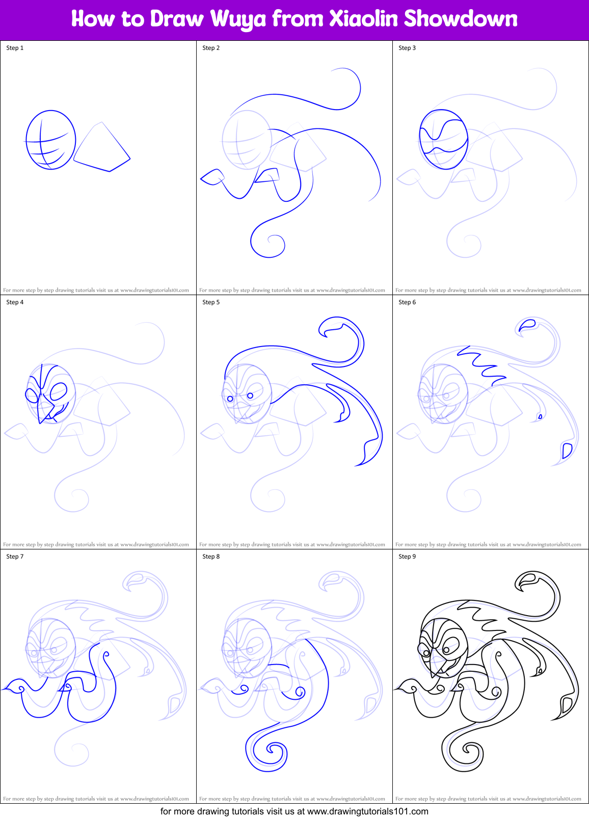 How to Draw Wuya from Xiaolin Showdown Printable Step by Step