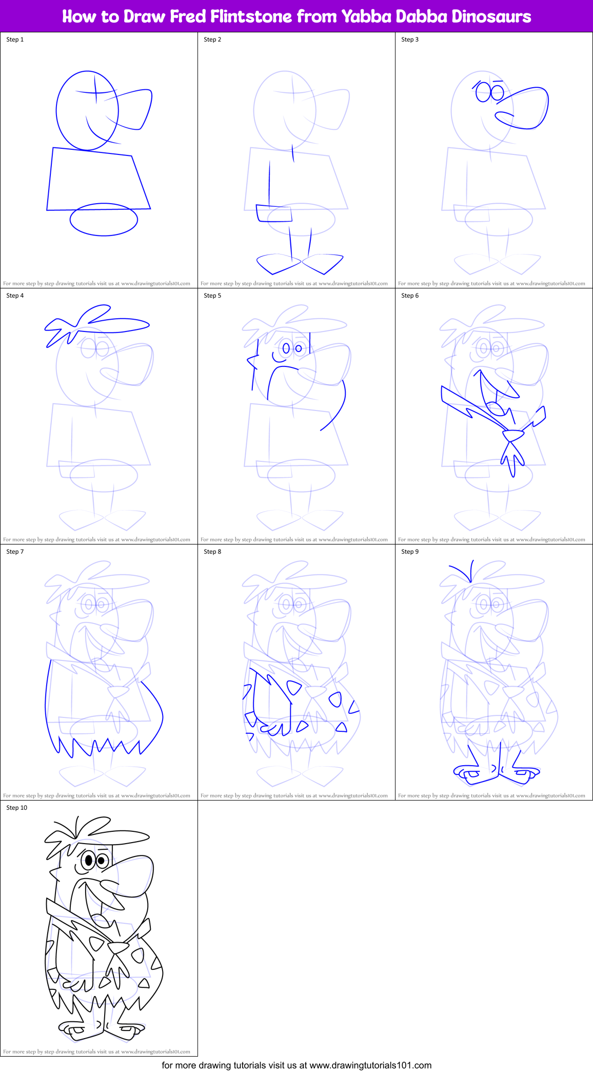 How to Draw Fred Flintstone from Yabba Dabba Dinosaurs Printable Step by Step