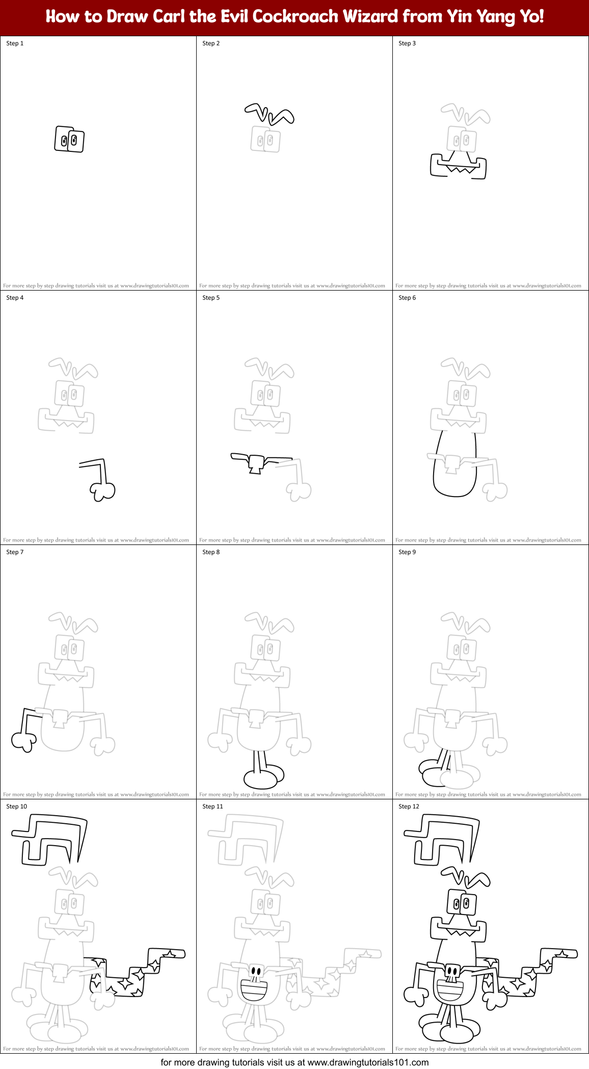 How to Draw Carl the Evil Cockroach Wizard from Yin Yang Yo! Printable Step by Step