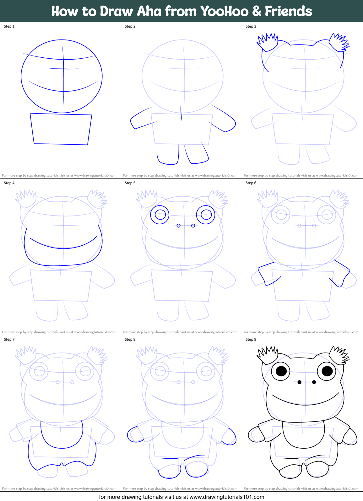 How to Draw Aha from YooHoo & Friends Printable Step by Step