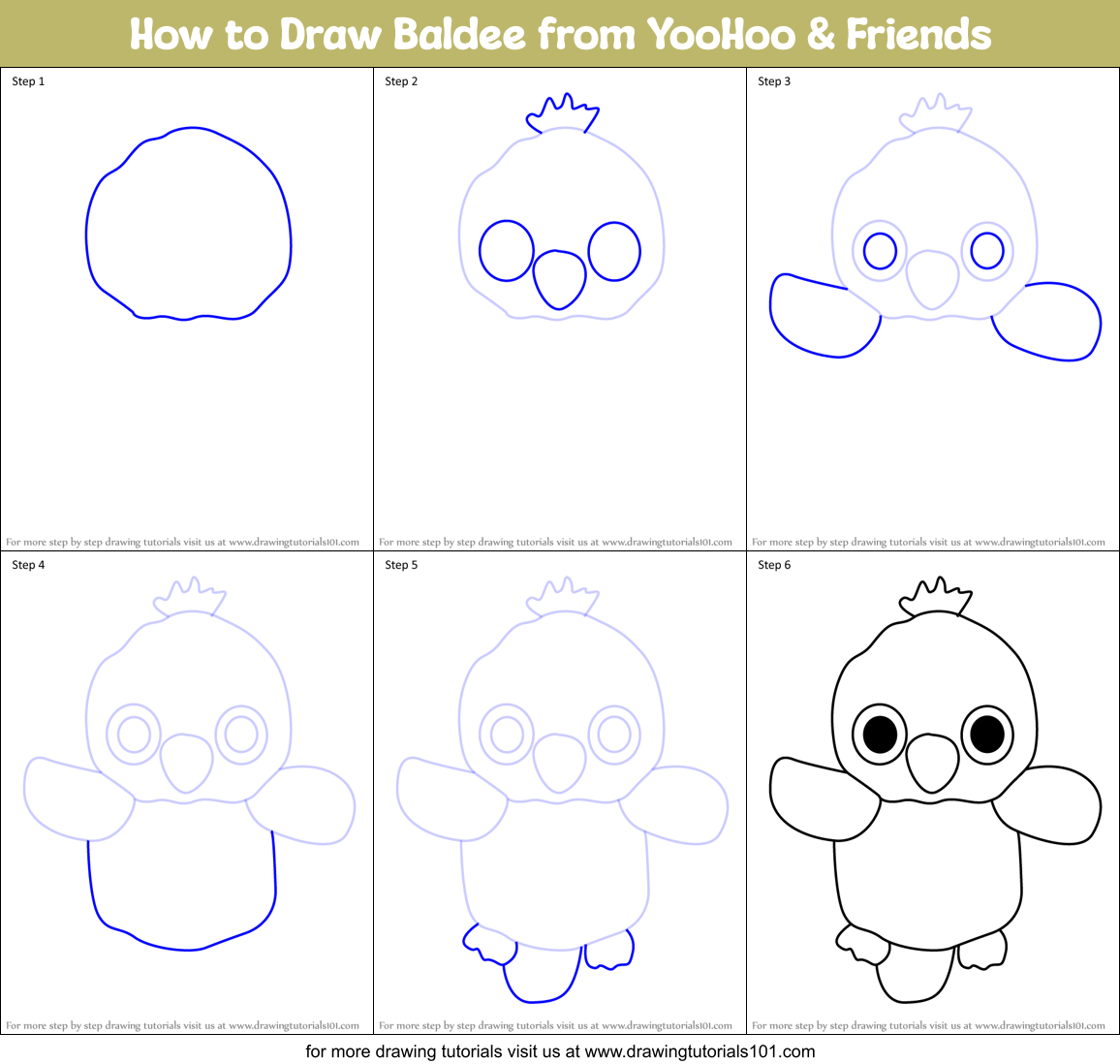 How to Draw Baldee from YooHoo & Friends Printable Step by Step