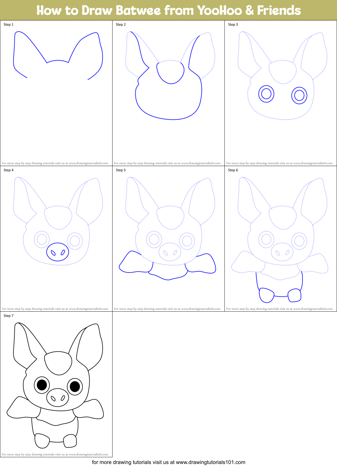 How to Draw Batwee from YooHoo & Friends Printable Step by Step