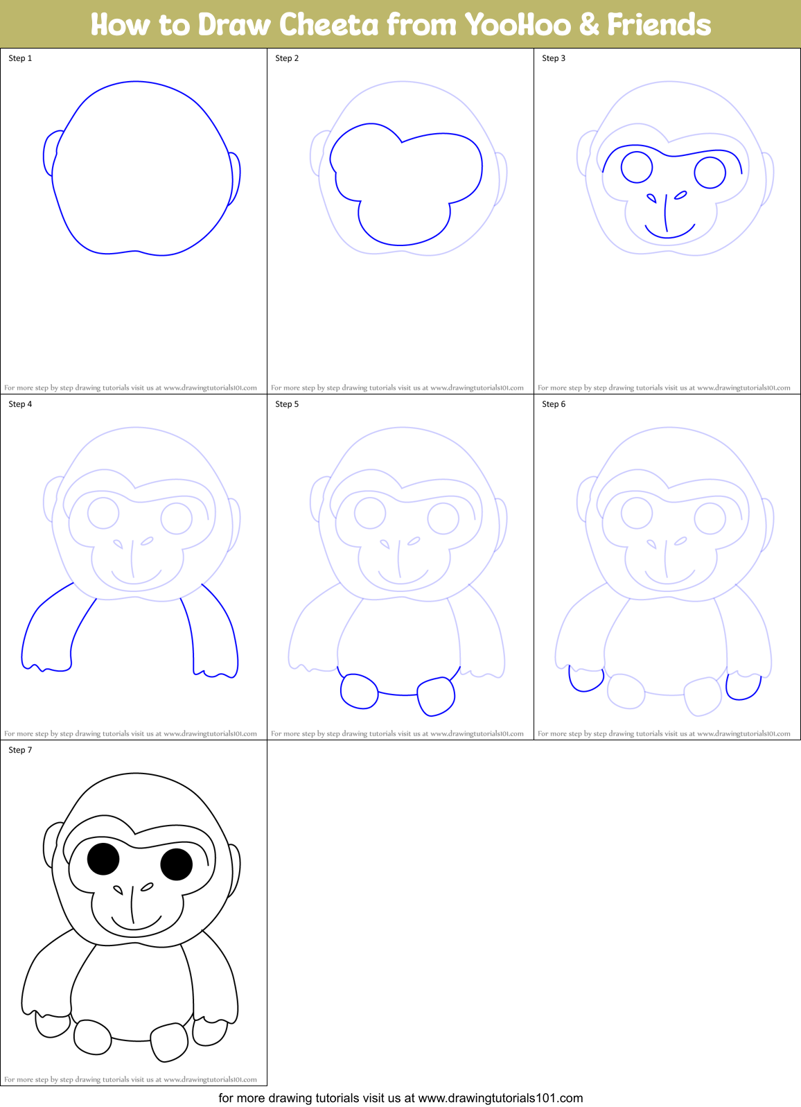 How to Draw Cheeta from YooHoo & Friends Printable Step by Step