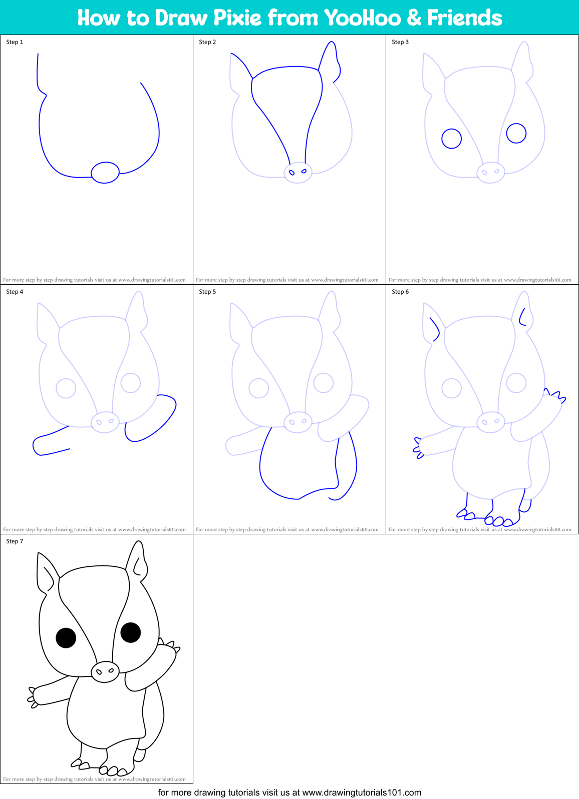 How to Draw Pixie from YooHoo & Friends Printable Step by Step