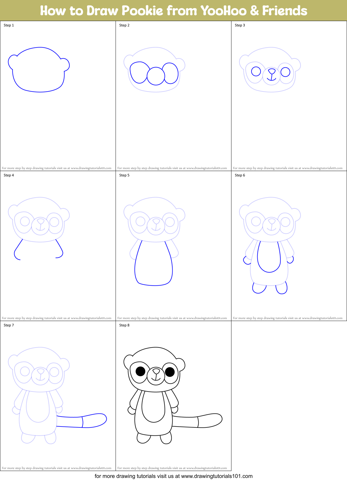 How to Draw Pookie from YooHoo & Friends Printable Step by Step