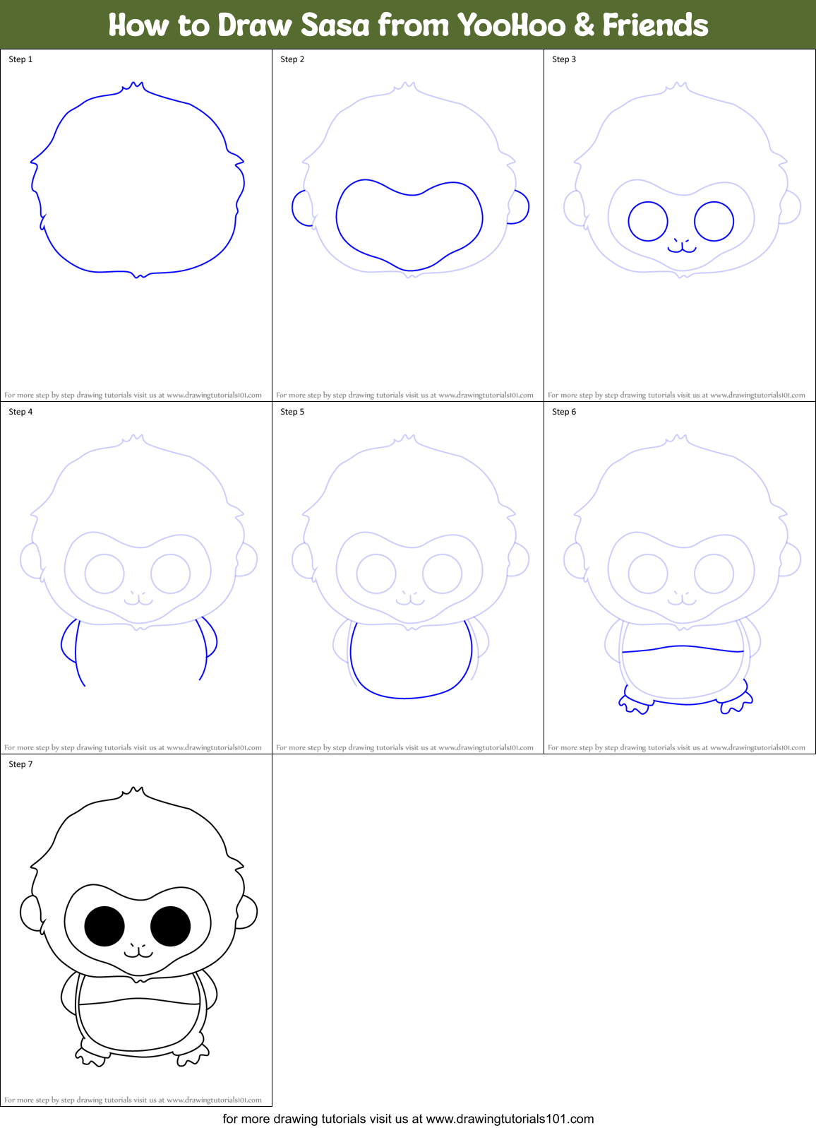 How to Draw Sasa from YooHoo & Friends Printable Step by Step