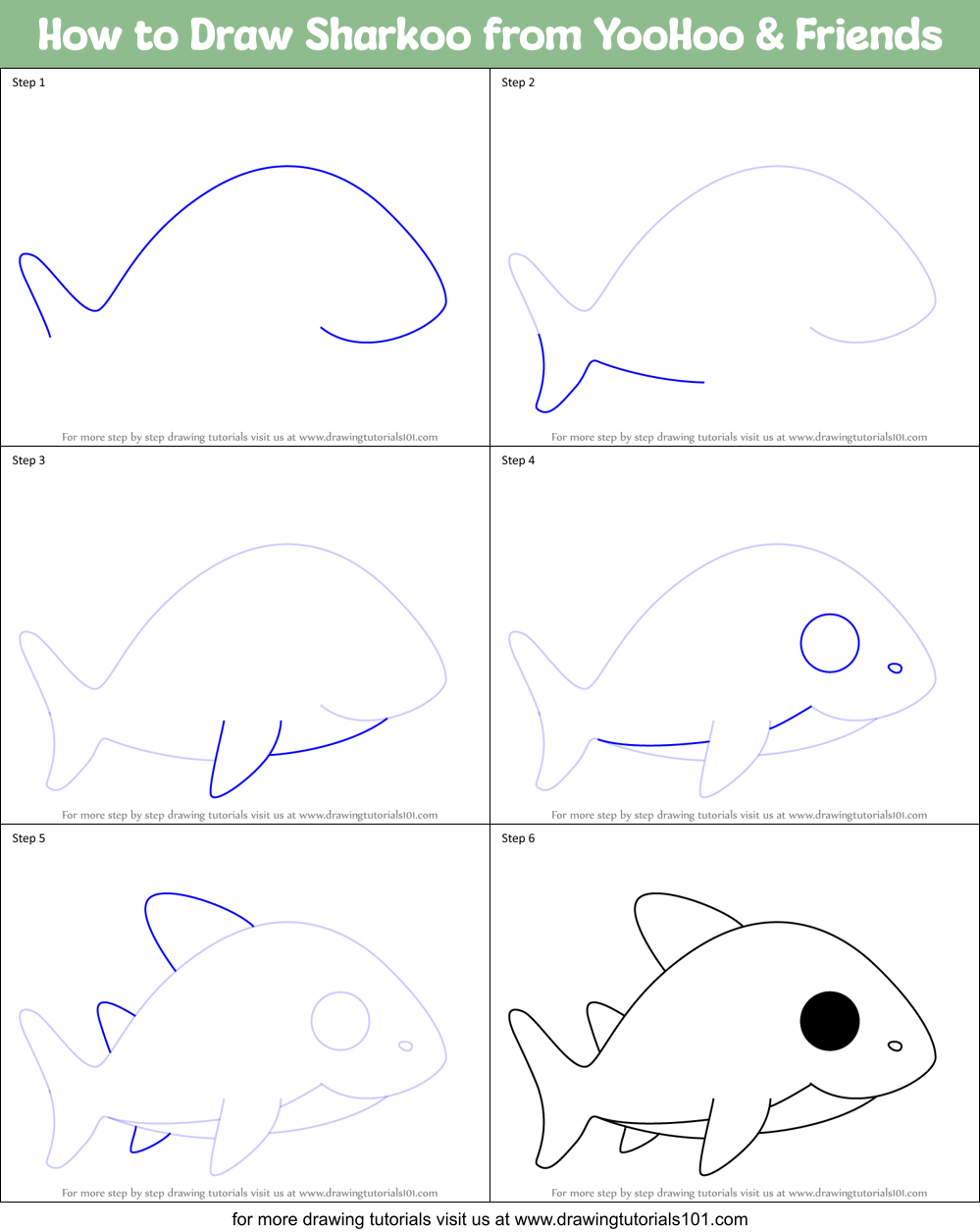 How to Draw Sharkoo from YooHoo & Friends Printable Step by Step