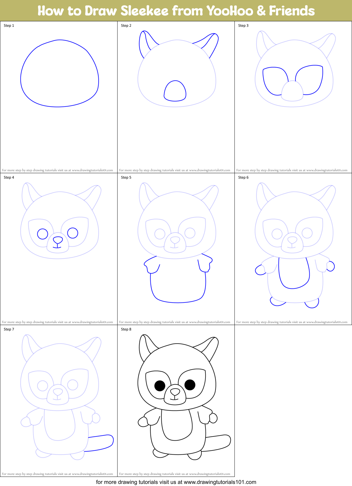 How to Draw Sleekee from YooHoo & Friends Printable Step by Step