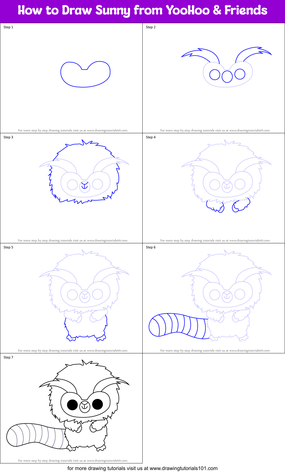 How to Draw Sunny from YooHoo & Friends Printable Step by Step