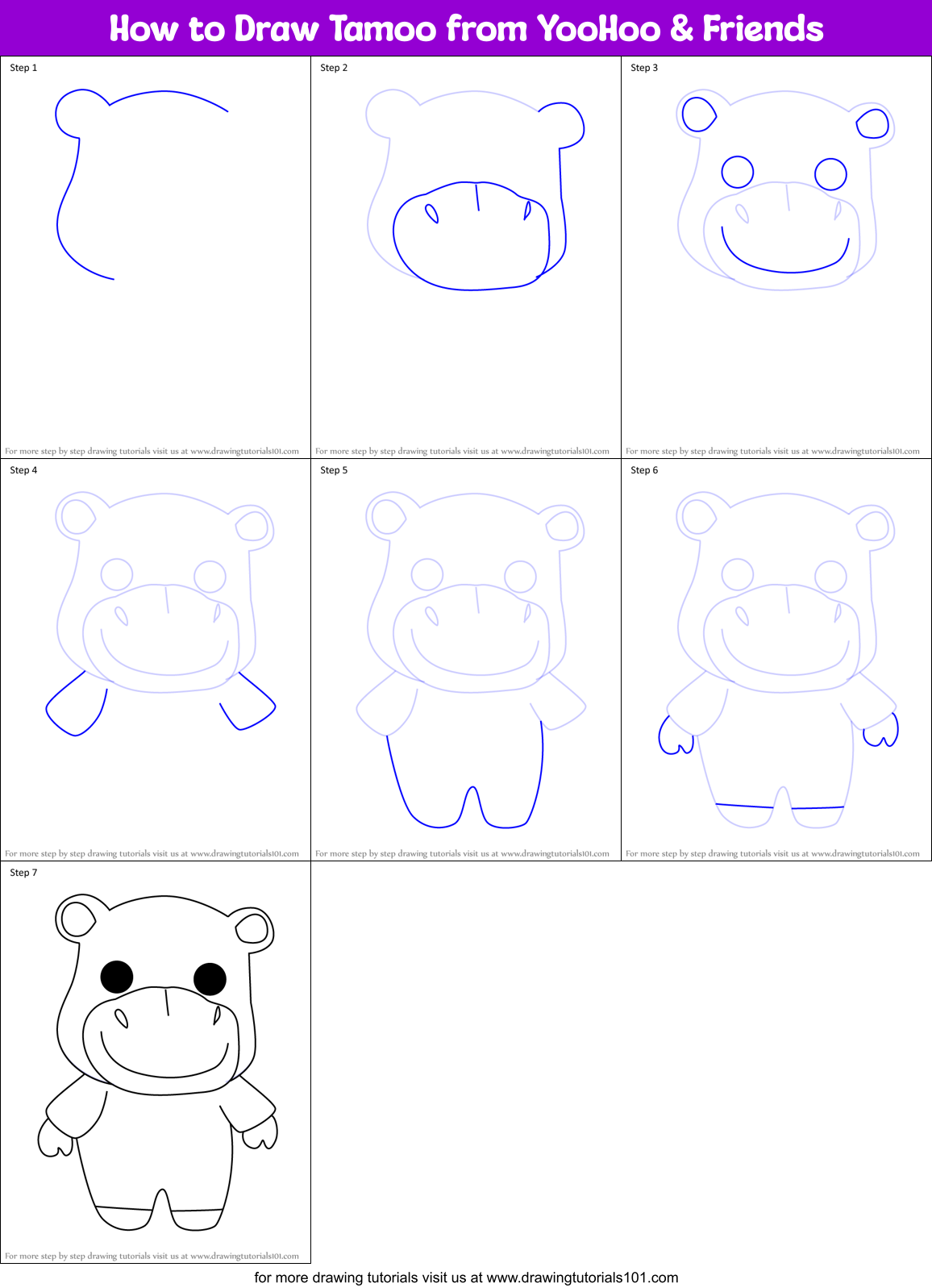 How to Draw Tamoo from YooHoo & Friends Printable Step by Step