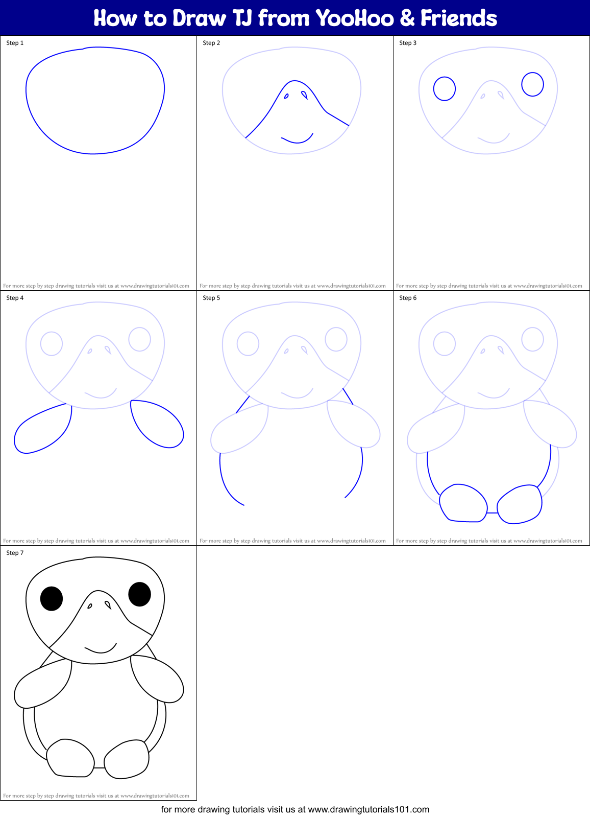 How to Draw TJ from YooHoo & Friends Printable Step by Step