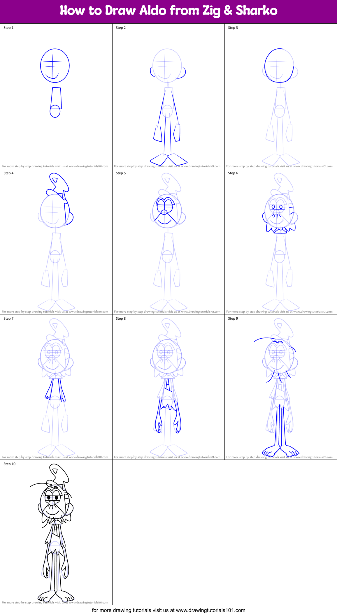How to Draw Aldo from Zig & Sharko Printable Step by Step