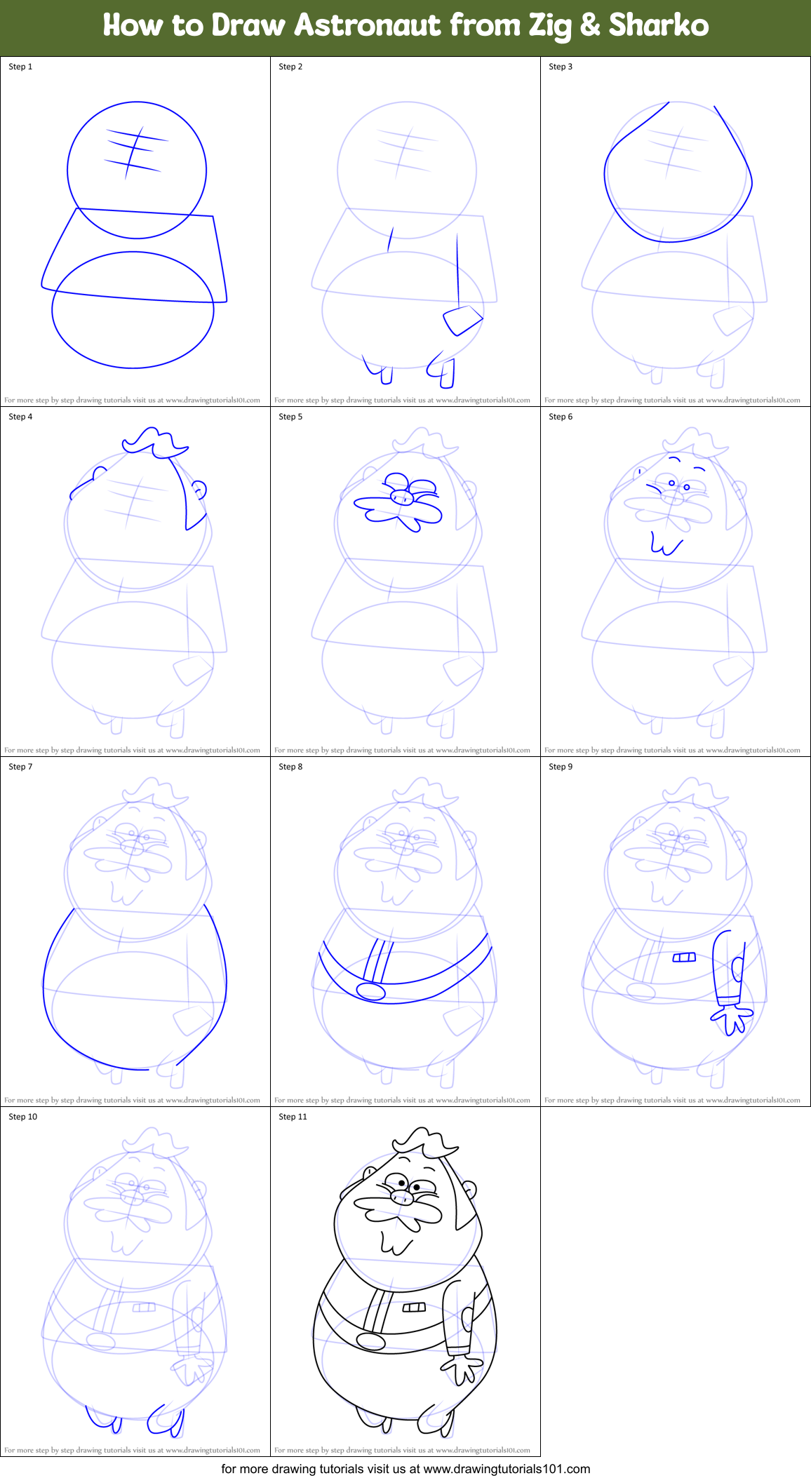 How to Draw Astronaut from Zig & Sharko Printable Step by Step