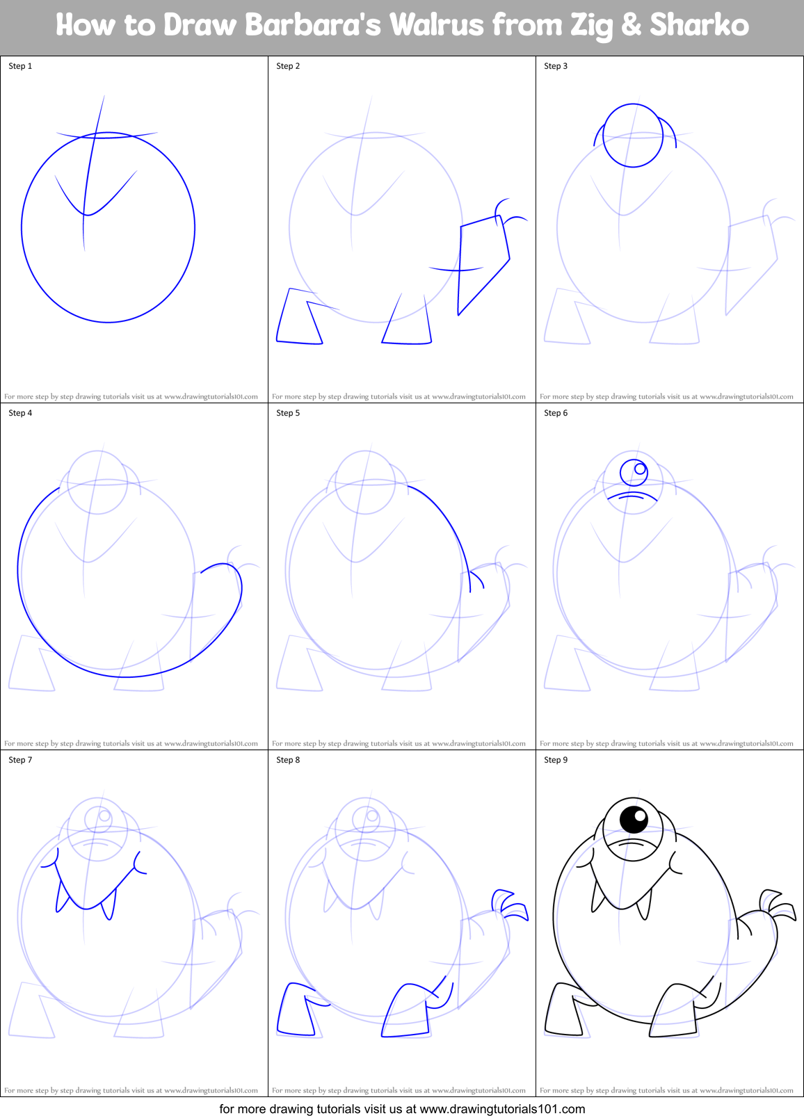 How to Draw Barbara's Walrus from Zig & Sharko Printable Step by Step