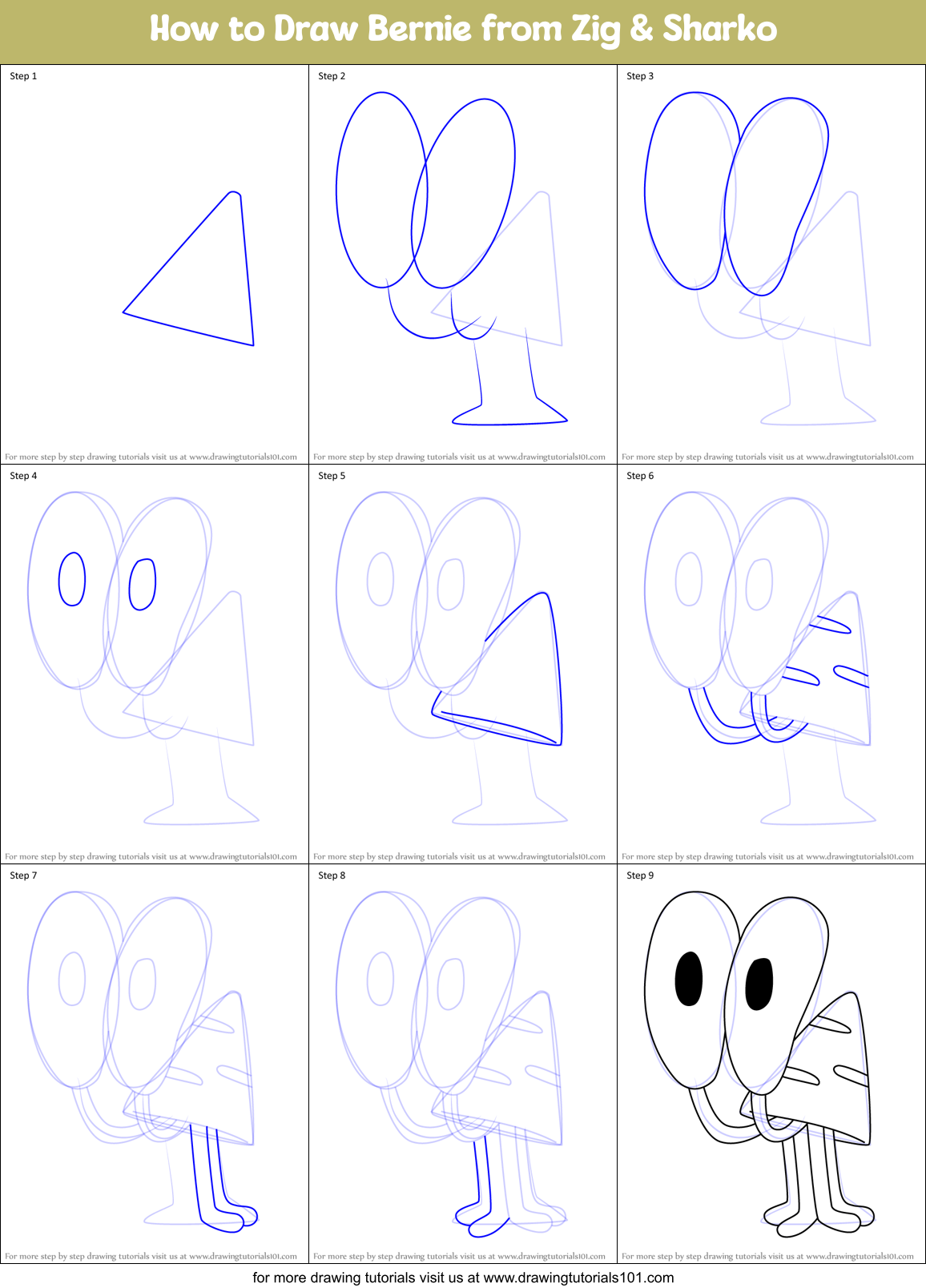 How to Draw Bernie from Zig & Sharko Printable Step by Step