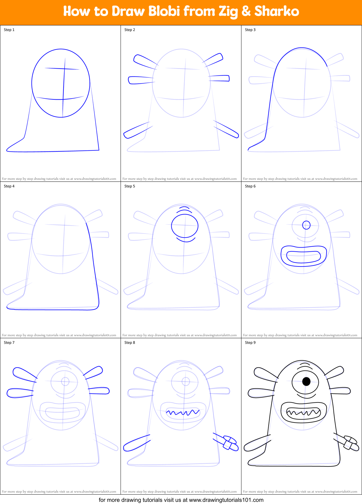 How to Draw Blobi from Zig & Sharko Printable Step by Step