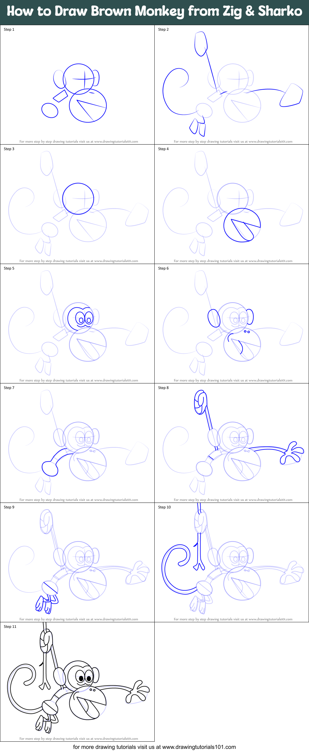 How to Draw Brown Monkey from Zig & Sharko Printable Step by Step