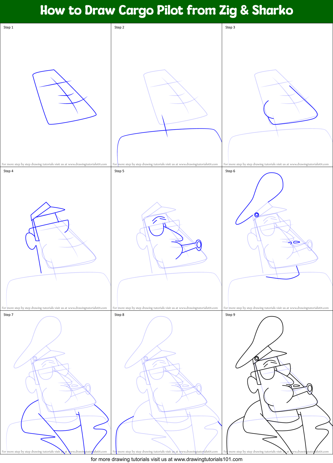 How to Draw Cargo Pilot from Zig & Sharko Printable Step by Step