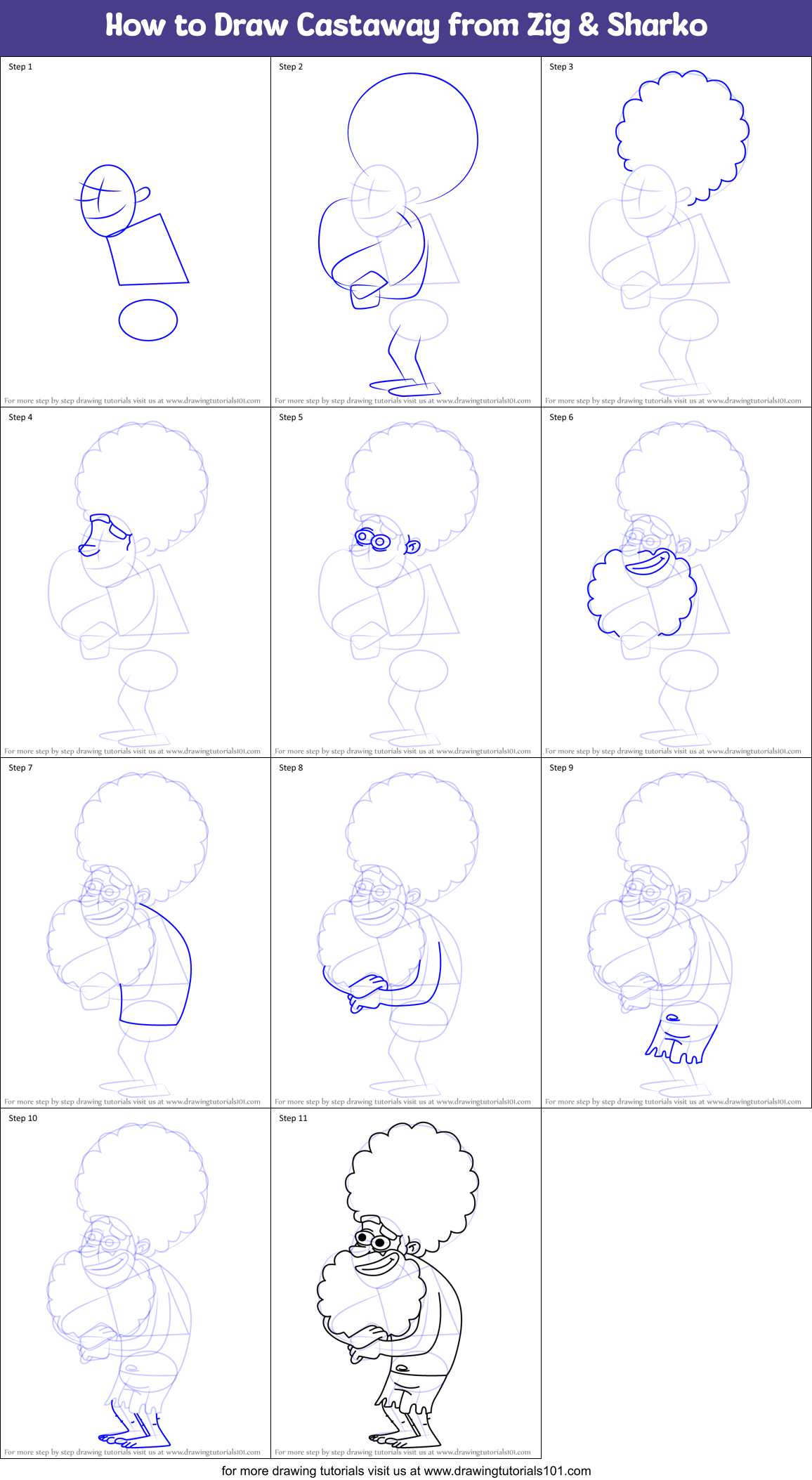 How to Draw Castaway from Zig & Sharko Printable Step by Step