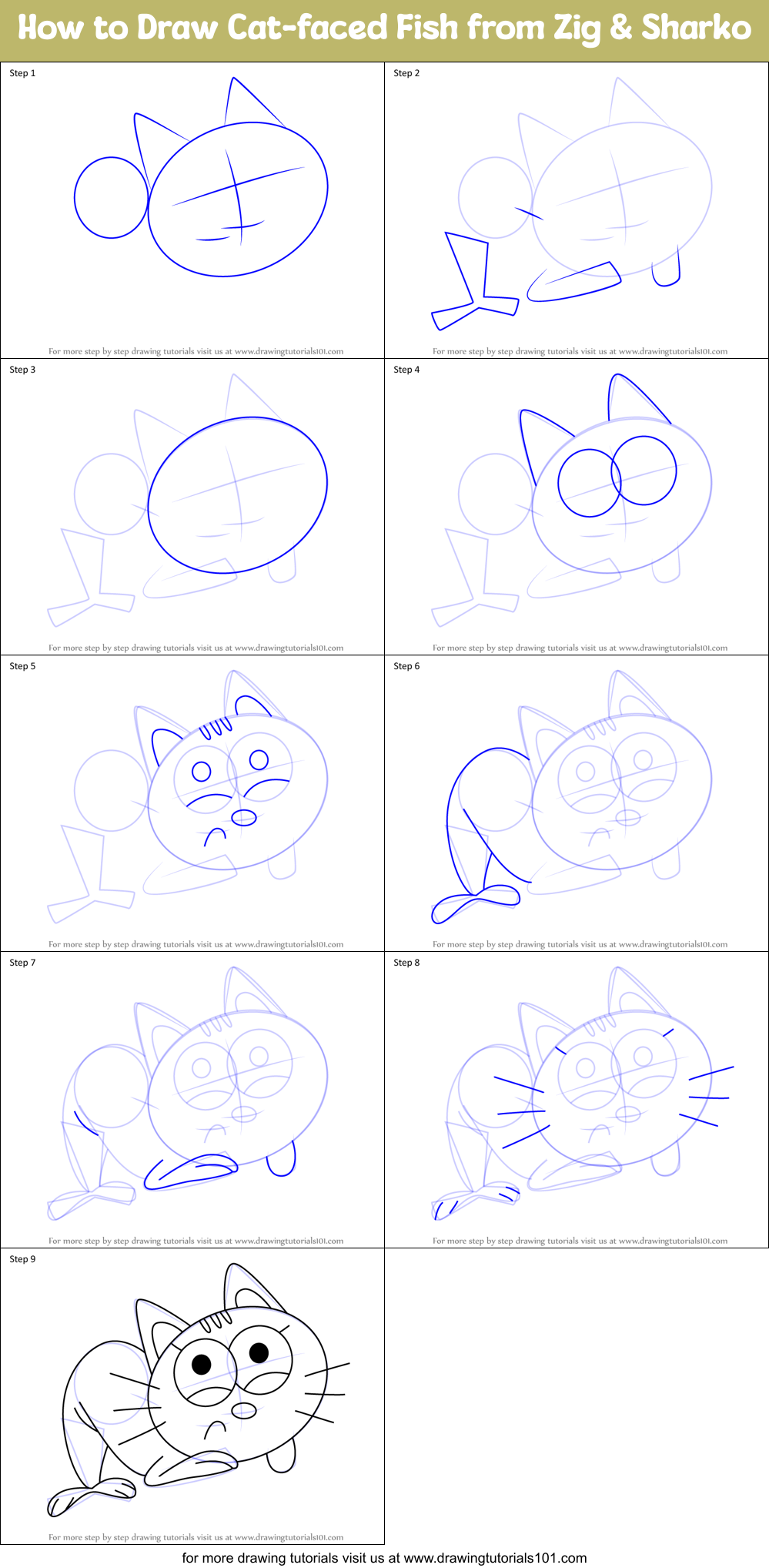 How to Draw Cat-faced Fish from Zig & Sharko Printable Step by Step